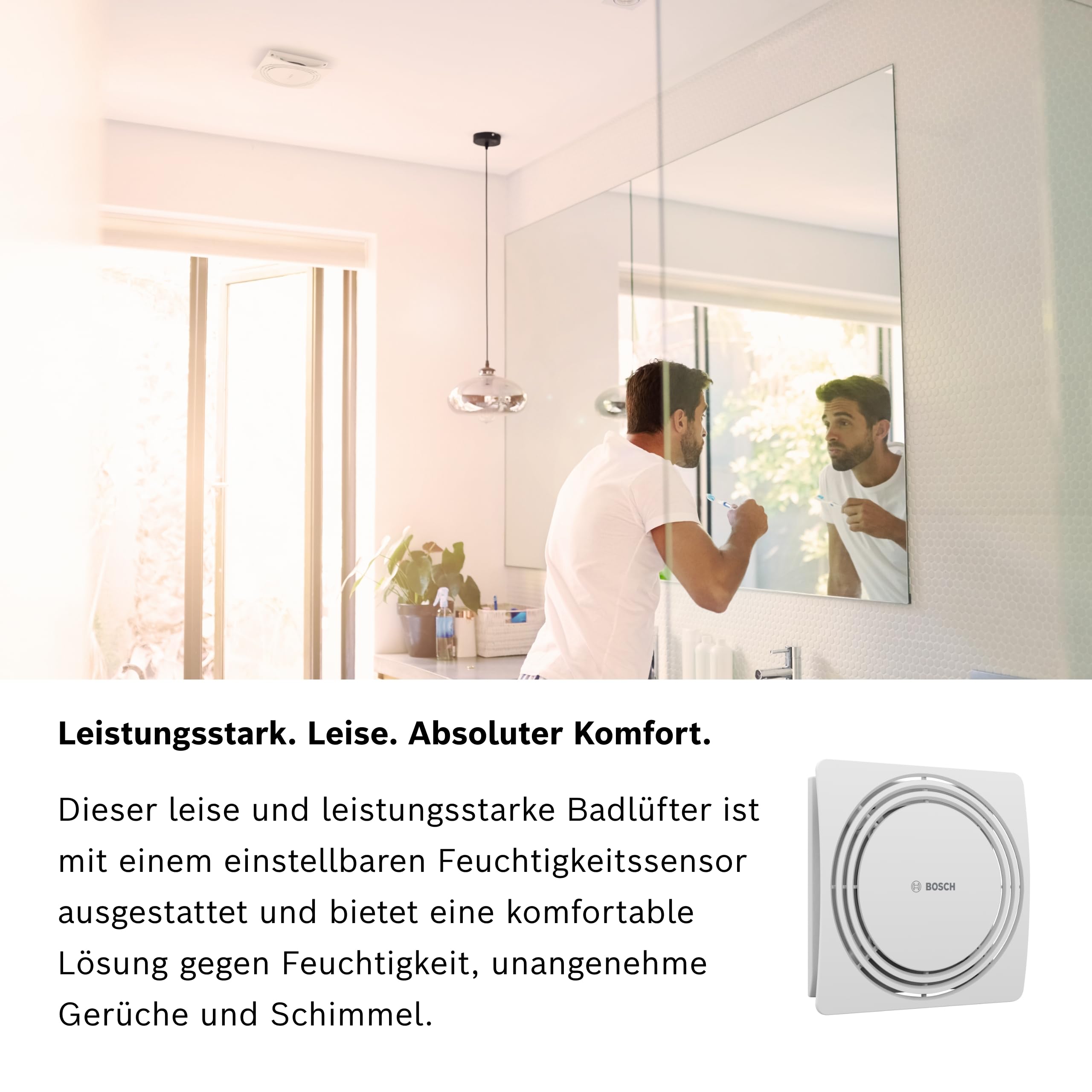 Bosch Leiser Badlüfter 1900 DH 100mm - Zur Belüftung von Bad und Toilette, gegen Feuchtigkeit und Schimmel – Mit Feuchtigkeitssensor und Zeitschaltuhr – 100 mm Durchmesser