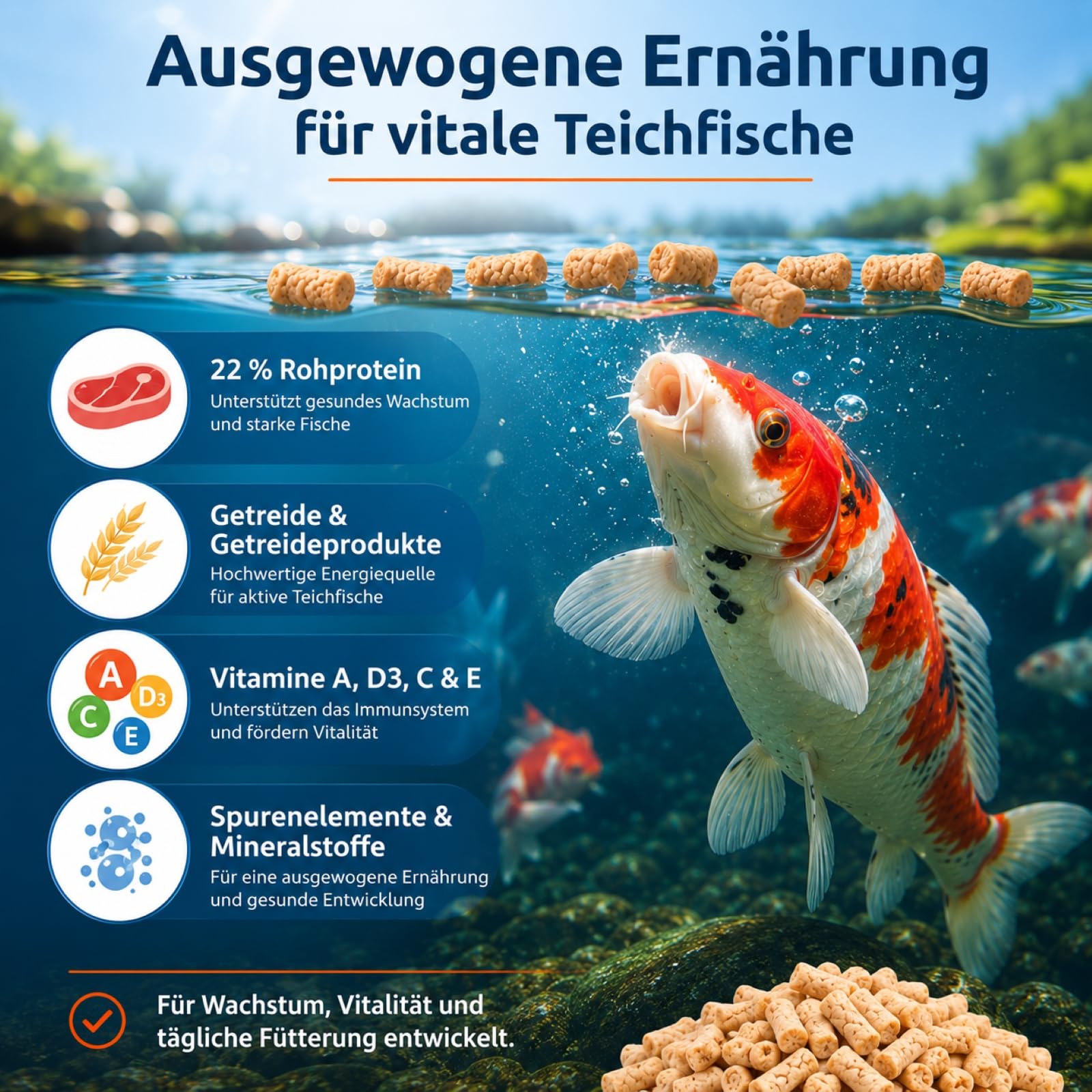 Bâtons de nourriture pour poissons de bassin - 75 l - Pour poissons caroïs rouges et poissons de bassin - Aliment complet flottant avec vitamines faciles à digérer - Bâtons de bassin de jardin pour