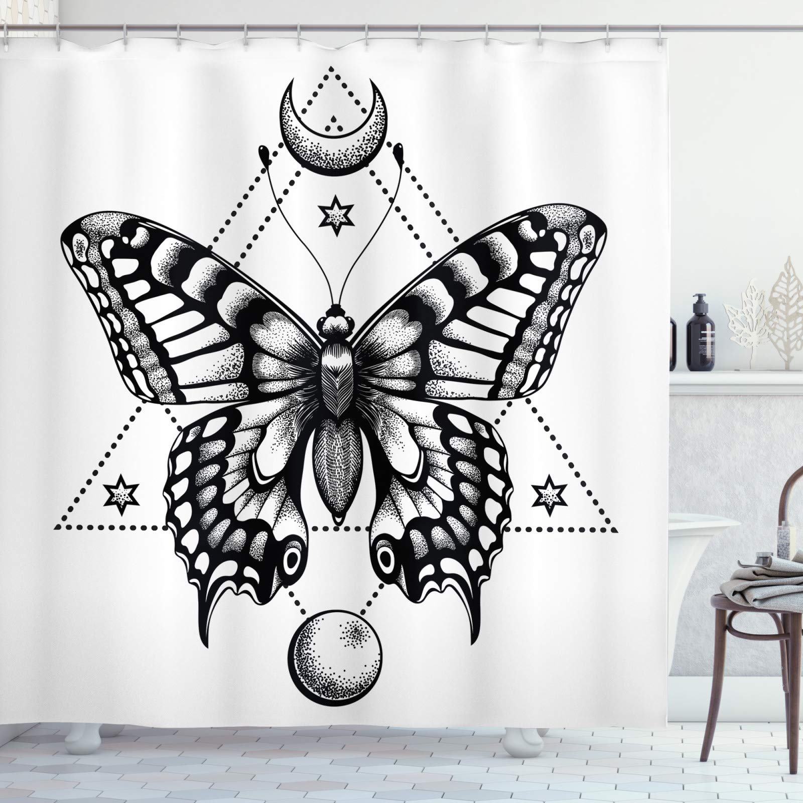 ABAKUHAUS Rideau De Douche Gris - Motif Champignons Et Papillons - 175x200 Cm - Tissu Polyester, 12 Crochets