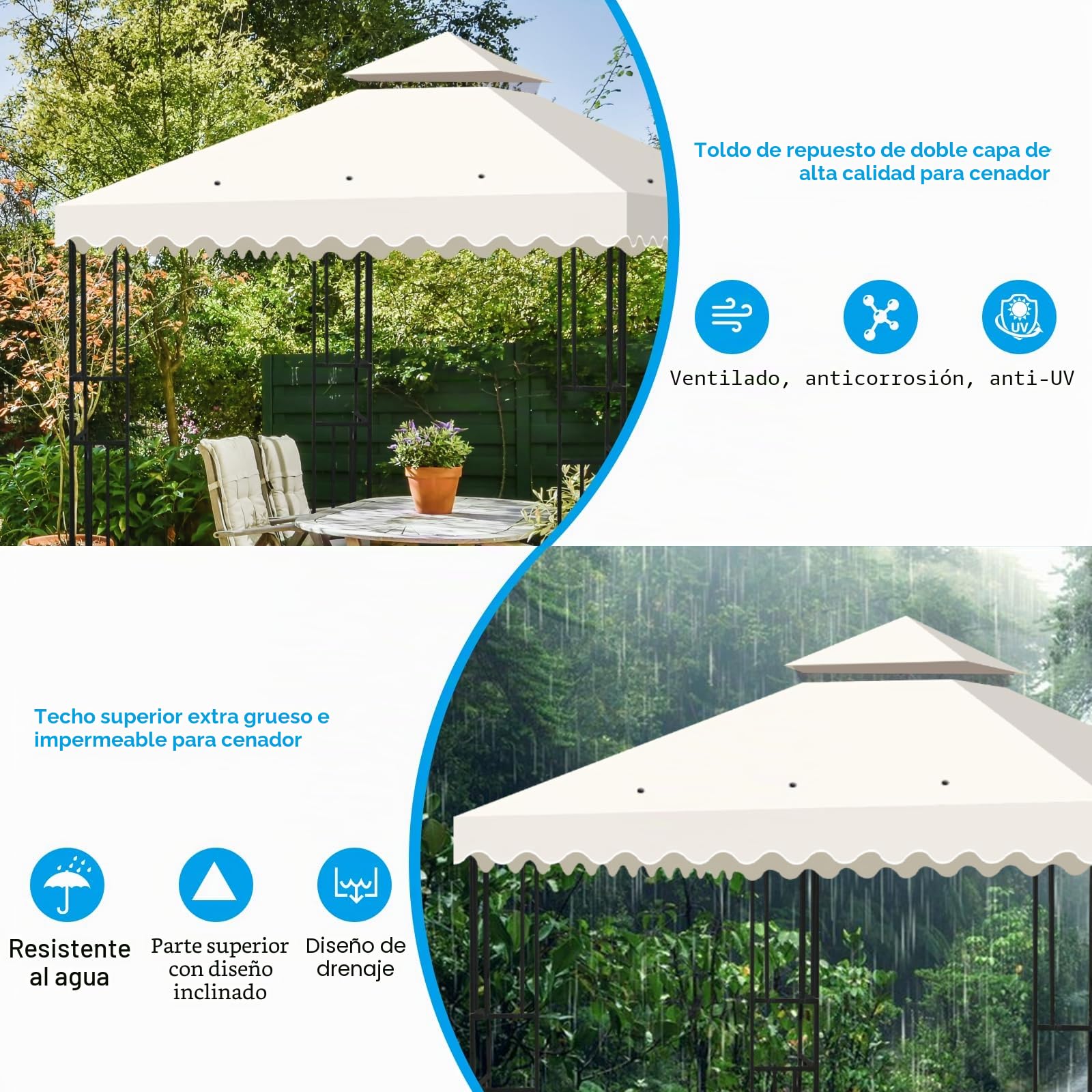 Toldo de Recambio para Pérgola 3x3 m, Techo Repuesto para Cenador de Jardín con Ventilación, Cubierta Impermeable de 2 Niveles en Poliéster 300D, Protección UV para Exteriores