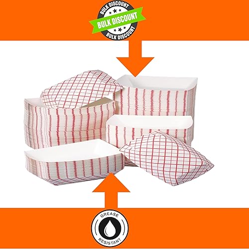 Miniatura 5 de Bandejas de papel para alimentos, papel a cuadros rojo y blanco. Extra pequeñas (12 lb). Paquete de 250, botes desechables y reciclables. Para
