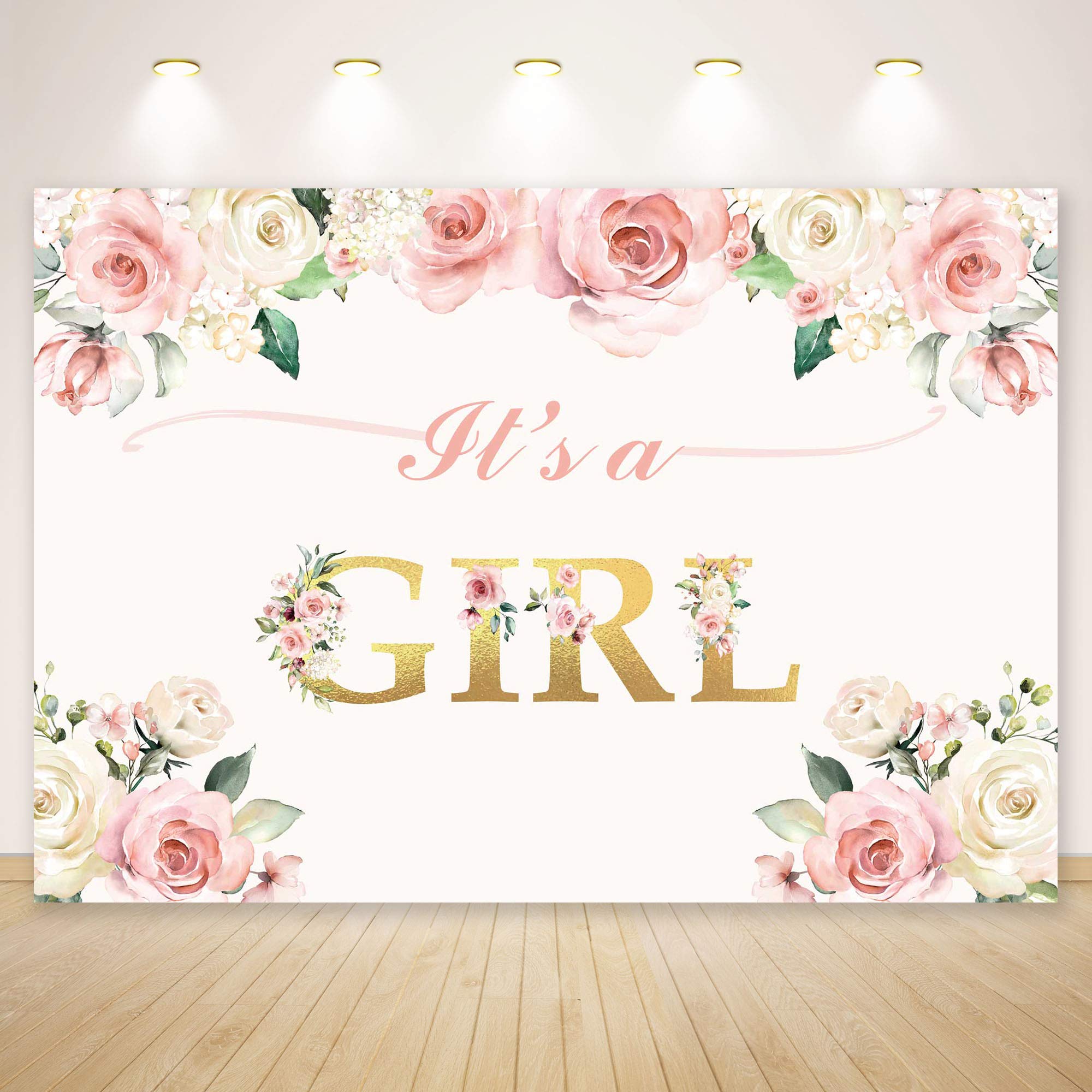 Negeek8X6ft Polyester It's a Girl Baby Shower Backdrop Party Decorations Watercolor Pink Floral Photography Background Gender Reveal Favors Birthday Party Photo Booth Photoshoot Props