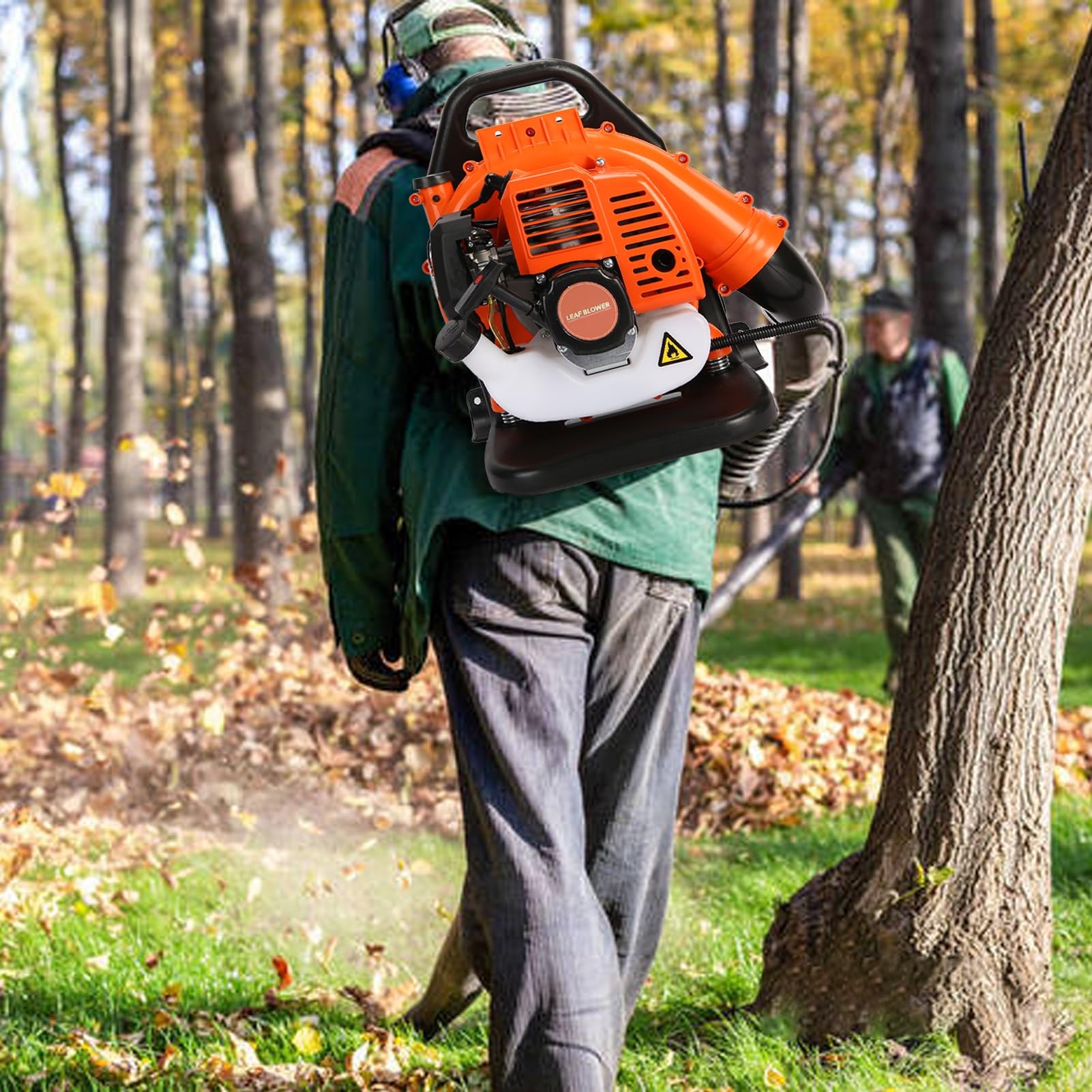 52 cm³ Benzin-Laubbläser Rucksack, 2-Takt Rückenlaubbläser mit 550 CFM Luftstrom, 1,2 l Tank, verstellbarem Blasrohr und Tragegurten, für Garten, Hof, Einfahrt und Laubentfernung Orange