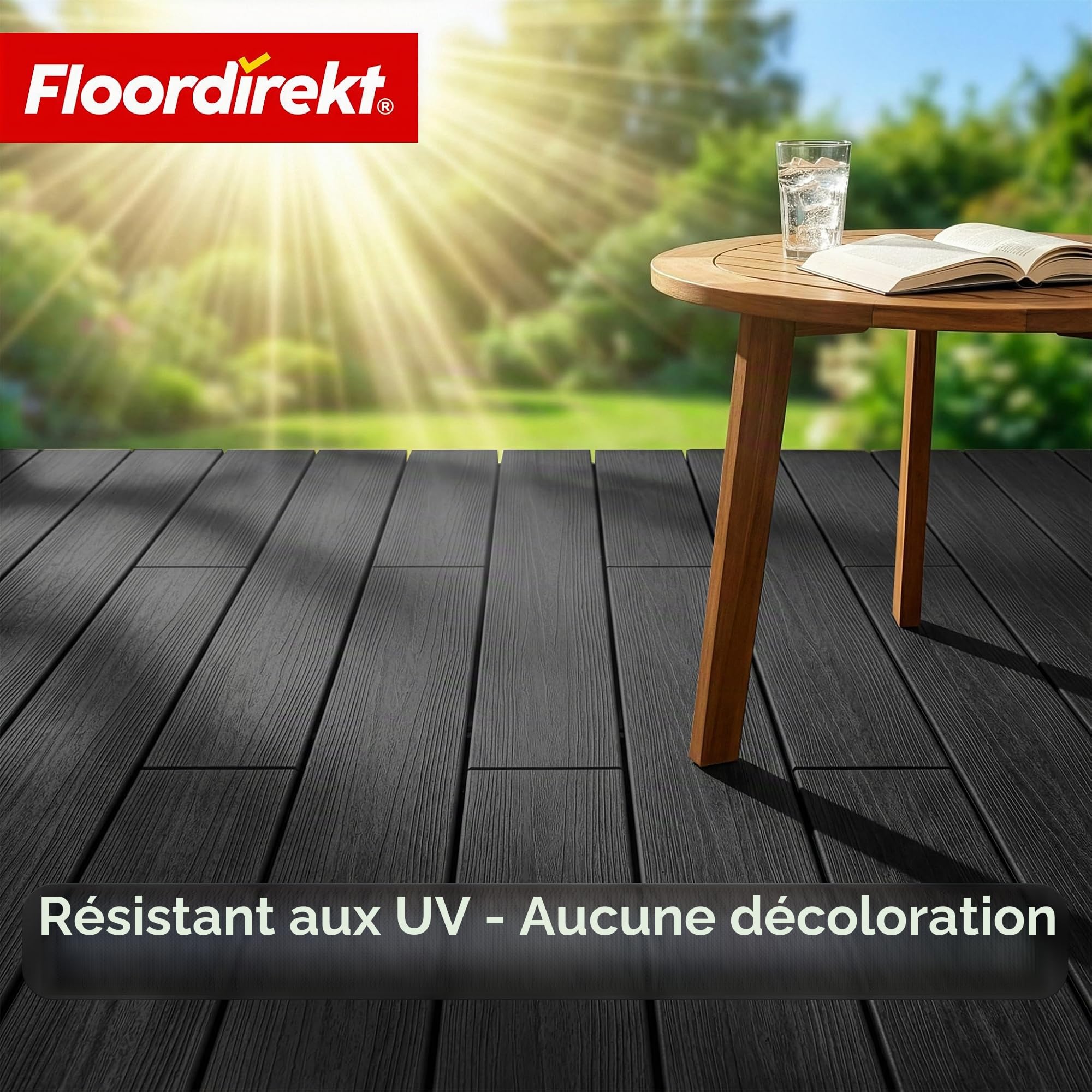 Floordirekt Lames de terrasse WPC 220 x 14,6 cm – Kit complet 2 m² – Planche creuse – Kit complet, avec sous-structure et matériel de montage, résistant aux intempéries et aux UV – Couronne noire