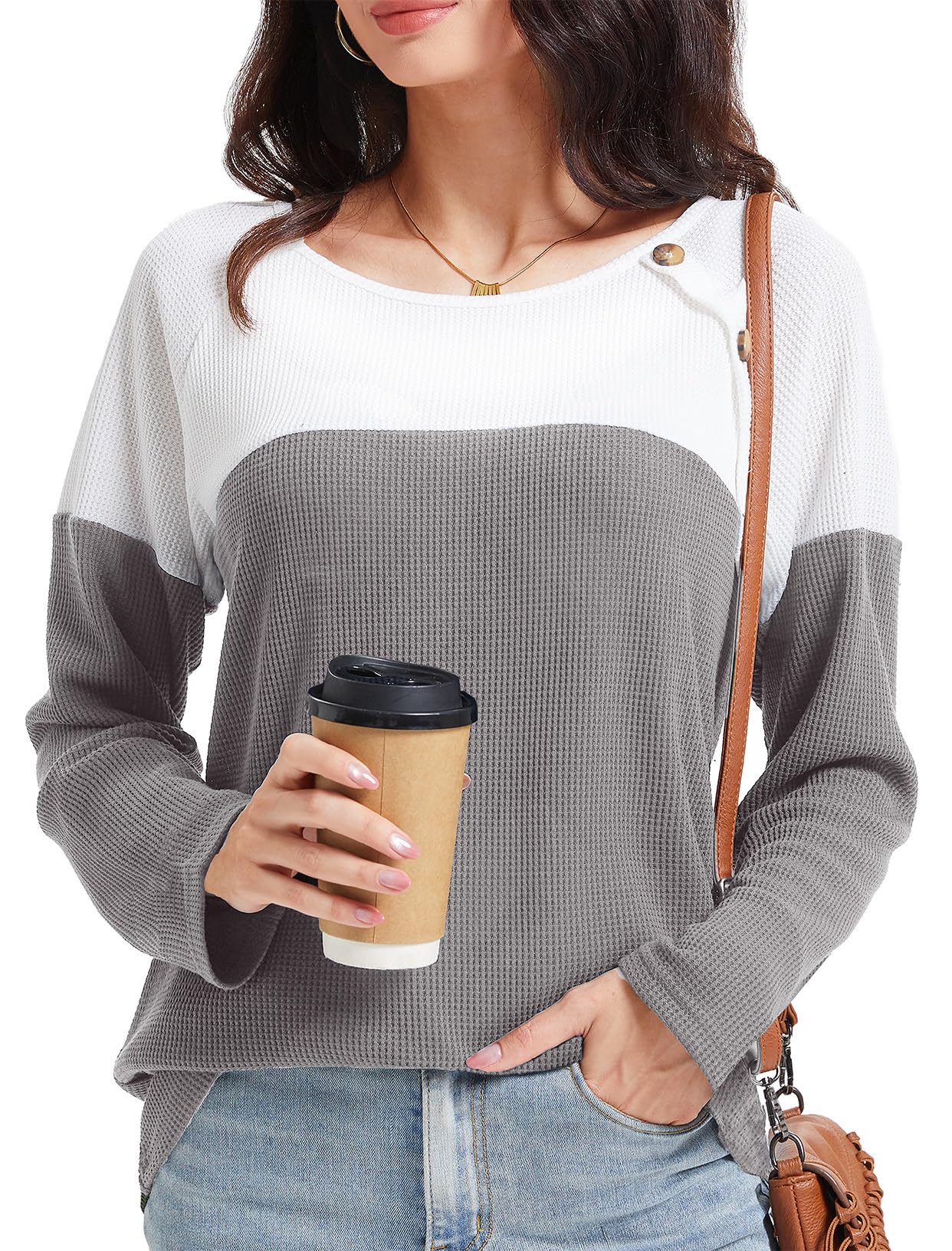 NEYOUQE Women's Waffle Knit Long Sleeve Color Block Shirts Crewneck Button Details Loose Fit Tops