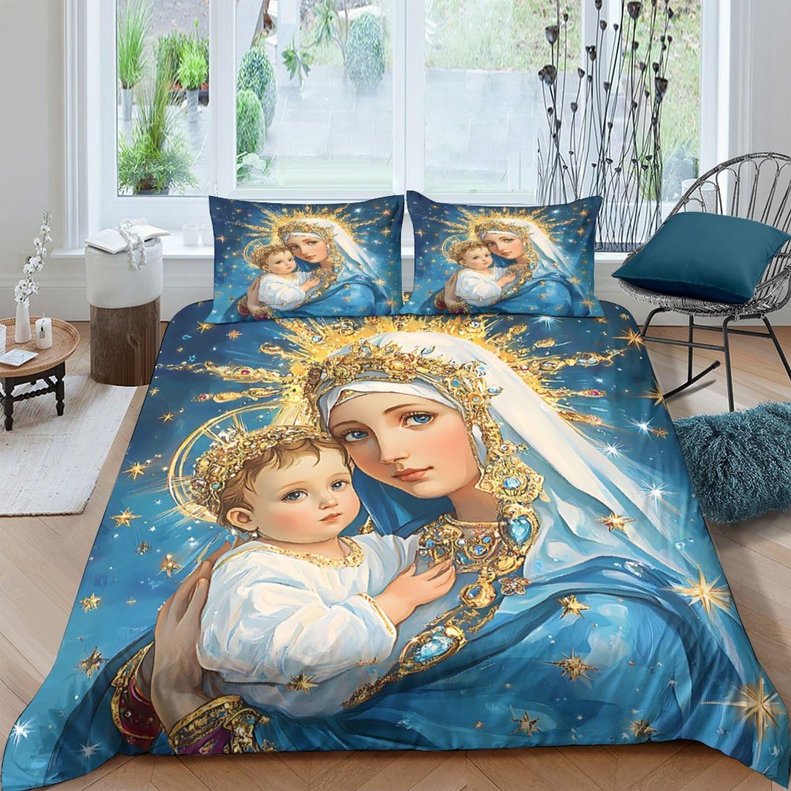 Ctjqhvkz Style-3 3D Printed Madonna And Child Fitted Sheet Microfiber Blue Religious Art Bed Cover For Bedroom Dorm Mattress Protection Single（135X200cm）