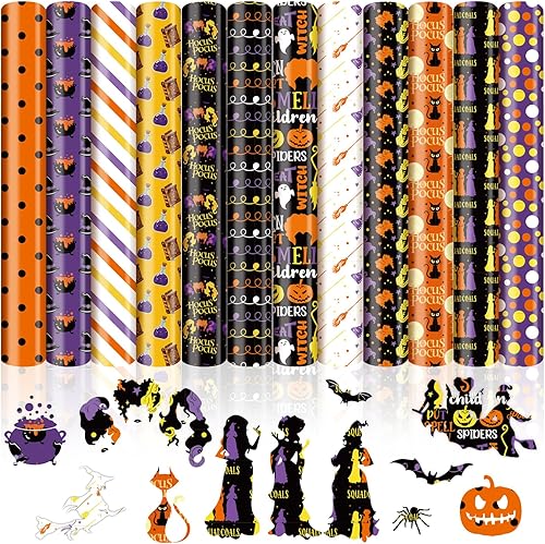 Whaline 12 hojas de vinilo de transferencia de calor de bruja de Halloween, Hocus Pocus, rayas de puntos HTV para planchar sobre vinilo adhesivo