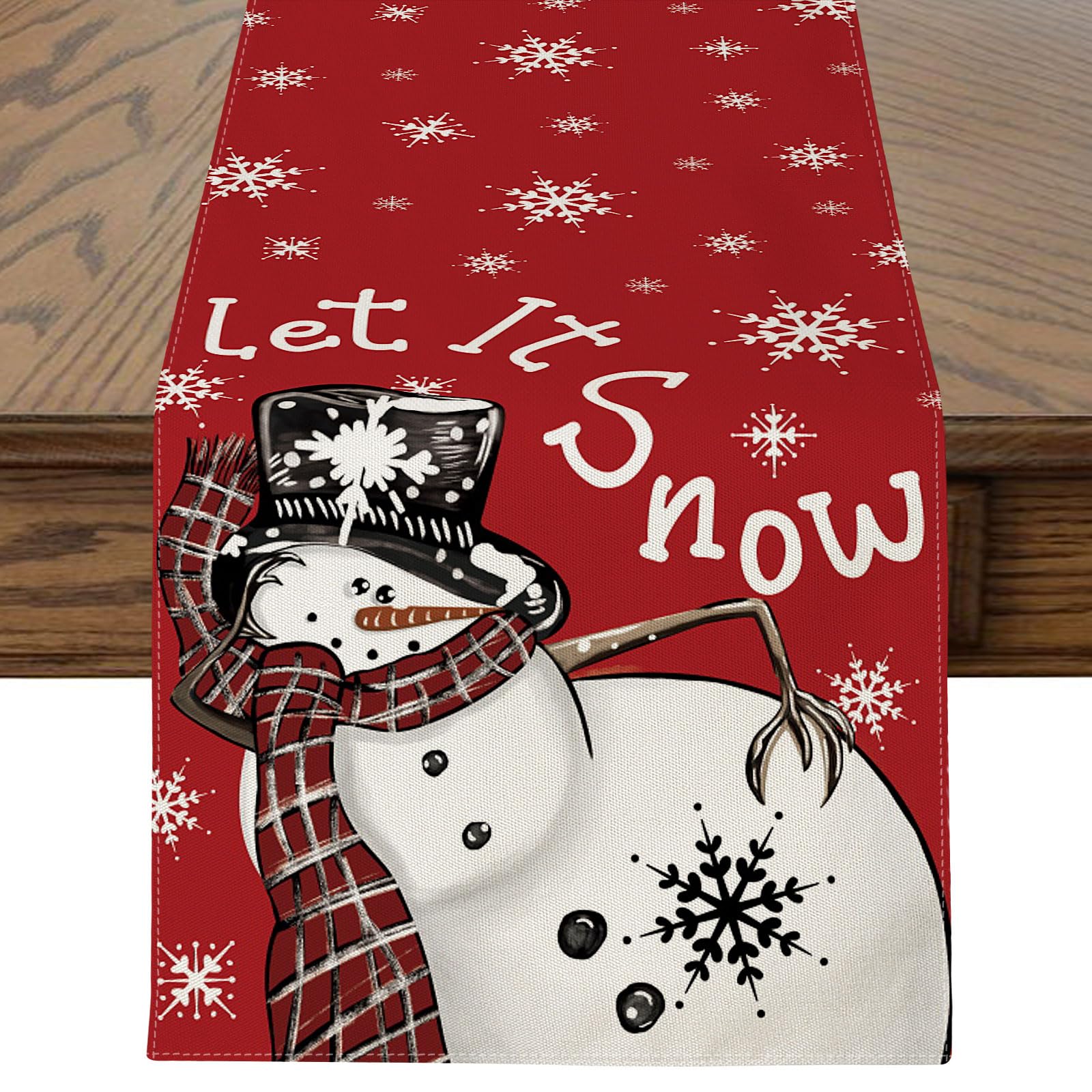 Sungeek Snowman Snowflake Red Christmas Table Runner, Let it Snow Xmas Seasonal Winter Holiday Farmhouse Kitchen Dining Table Decoration for Home Party 40x240 cm