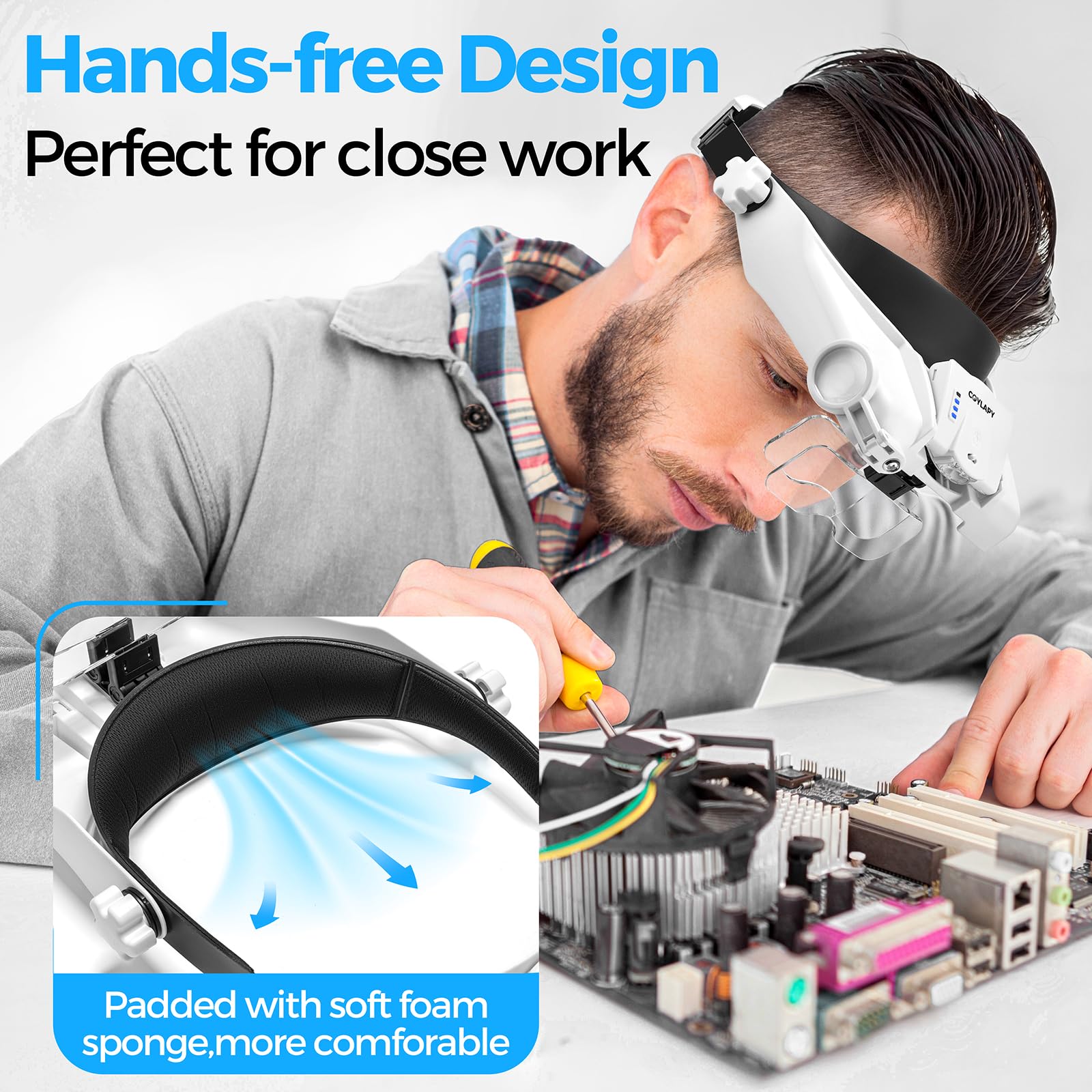 Lupe mit Licht, Kopfbandlupe für Naharbeit, 1x - 14x Freisprech-Vergrößerung Headset mit 5 Linsen & Zwei LED-Lampen, Juwelierlupe Visierkopflupe für Hobby, Handwerk