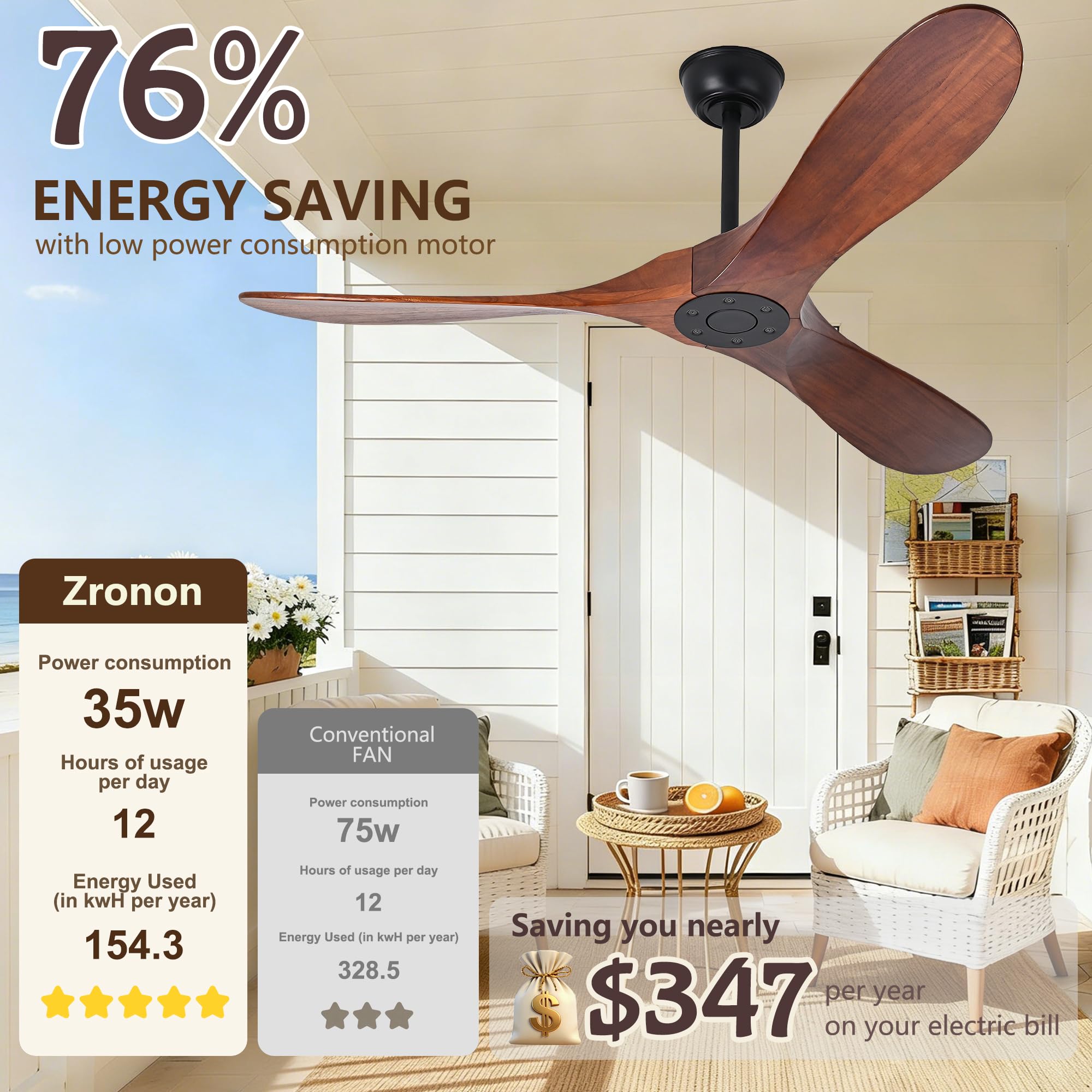 Solid Wood Ceiling Fan Without Light, 52 inch Walnut Ceiling Fan