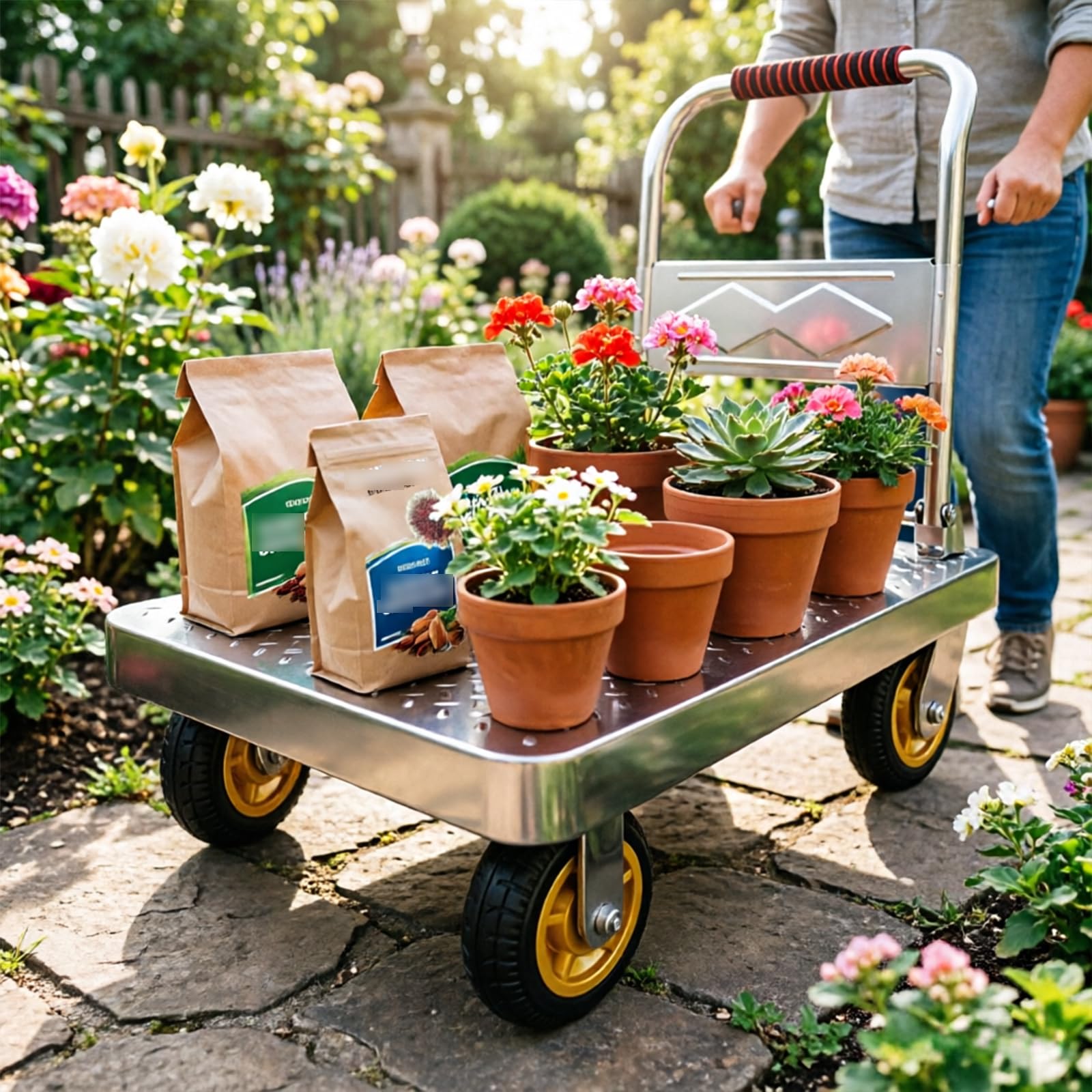 Plattformwagen Klappbar 300KG Große Räder, 60x40cm, Schwerlast Profi-Transportkarren für baumaterialien Industrie & Lagerhallen, Multifunktions-Handwagen mit Antirutsch-Stahlplatte