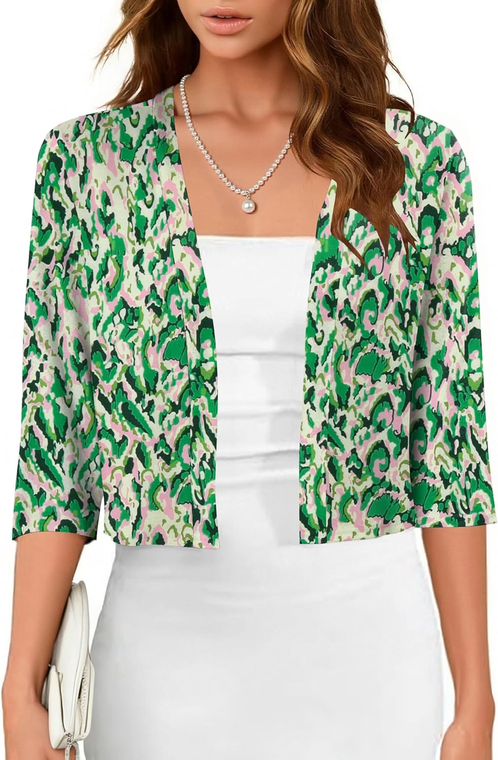 CRAZY GRID Women's Summer Lightweight Cardigan 3/4 Sleeve Shrugs Knit Bolero Open Front Cropped Cardigan for Women S-XXL