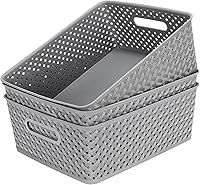 MaxGear Large Grey Woven Plastic Storage Baskets with Handles, 3-Pack Organizer Bins for Home Office Kitchen Closet