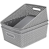 Organization and Storage 3 Packs, Plastic Bins Organizer Bins, Woven Baskets for Storage, Plastic Baskets with Handles, Grey Basket for Organizing, Basket Organizer for Home and Office, Large