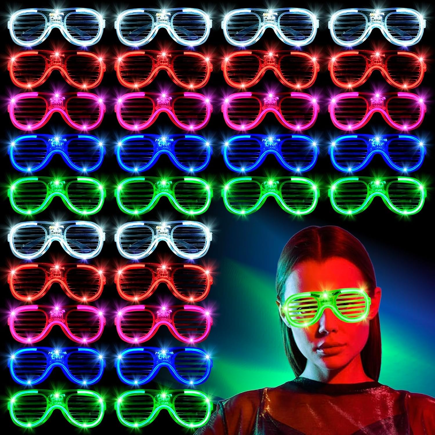 Gafas de neón para fiesta, 30 unidades, con luz LED, para cumpleaños, festivales, bodas, clubes, bailes de los años 80, discoteca, accesorios novedosos, suministros de fiesta intermitentes