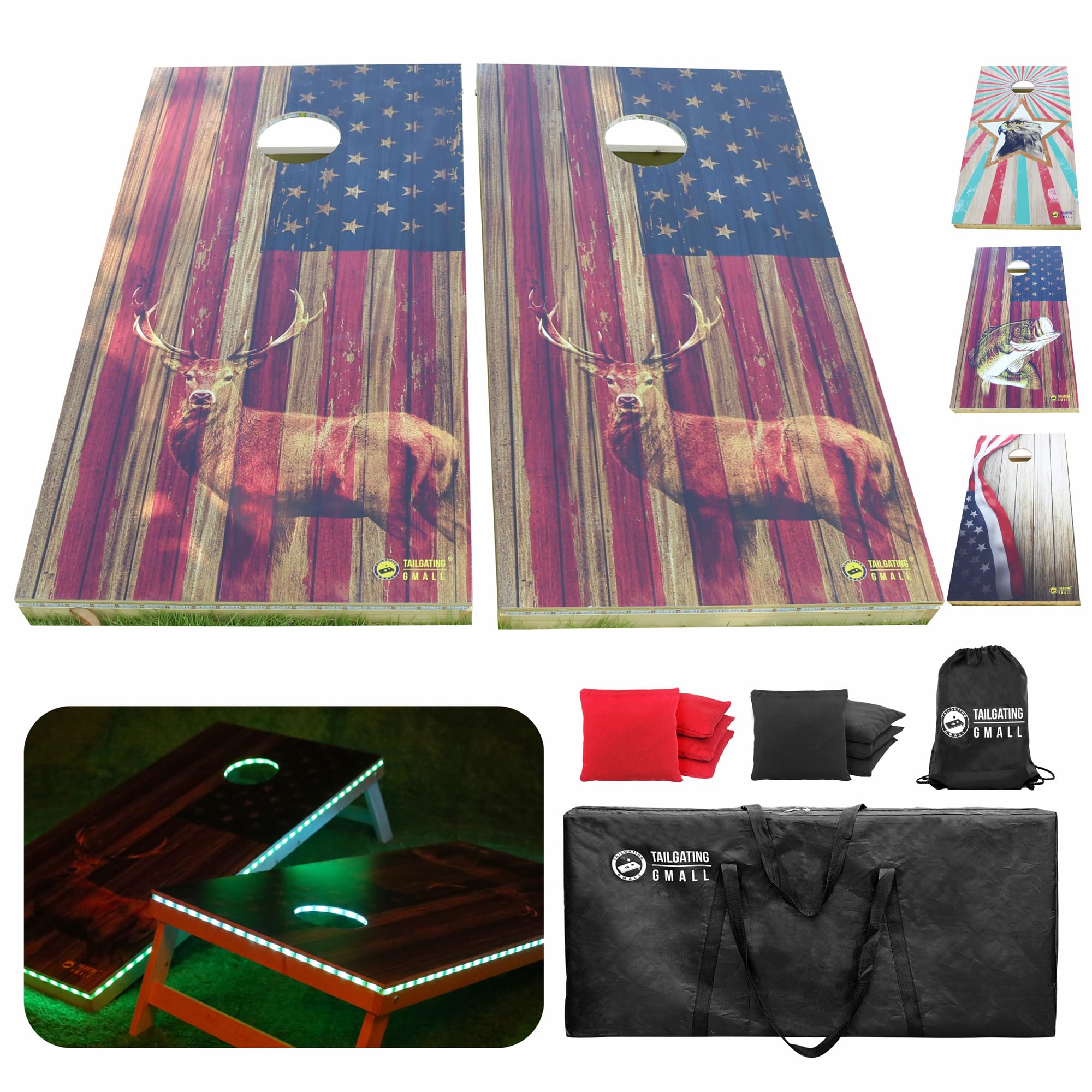 LED Cornhole Board Set 4FTx2FT Solid Wood Regulation Size Cornhole Set with LED Lights Includes 8 Cornhole Bags for Adults (USA Flag & Deer, 4'x2')