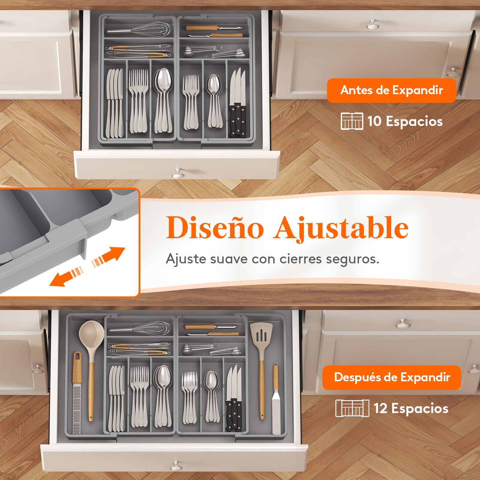 Lifewit Bandeja Grande para Cubiertos Cajon, Ancho de 46 a 70 cm, Organizador Vajilla Extensible de Cocina, Profundidad de 42,4 cm, Extraíble Separador Talheres, Porta de Utensilios/Cucharas, Gris