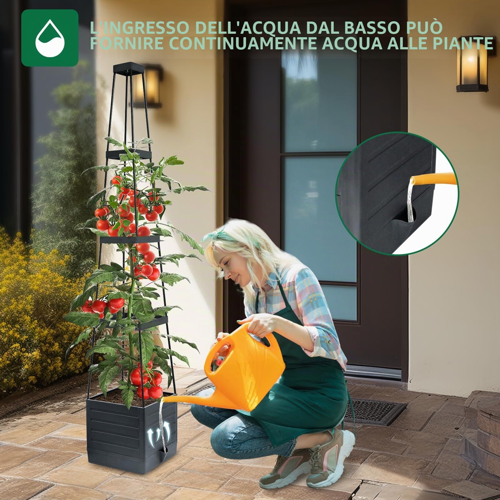 MYMULIKE Confezione da 2 vasi da giardino rialzati con traliccio, 147 cm, gabbia per pomodori, vaso da giardino rialzato con traliccio per piante rampicanti, gabbia per pomodori con auto-irrigazione