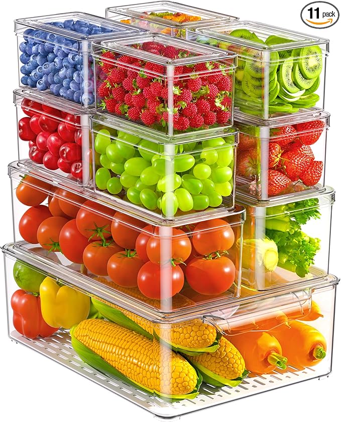11 Pack Refrigerator Organizers and Storage, Stackable Fridge Organizer Bins, BPA-Free Clear Plastic Fruit Storage Containers for Fridge, Kitchen, Fruits, Drinks, Produce, Vegetable