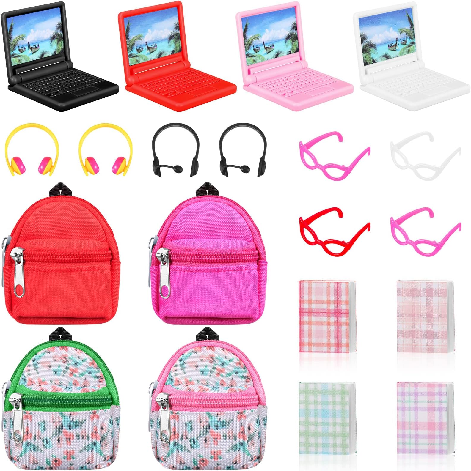 Gejoy20 Pieces Mini Backpack for Dolls Dollhouse Accessories Include Tiny Micro Backpack with Zipper Laptop Books Headsets Sunglasses Cute School Scene Simulation Toys for 1/12 1/6 Scale(Classic Style)