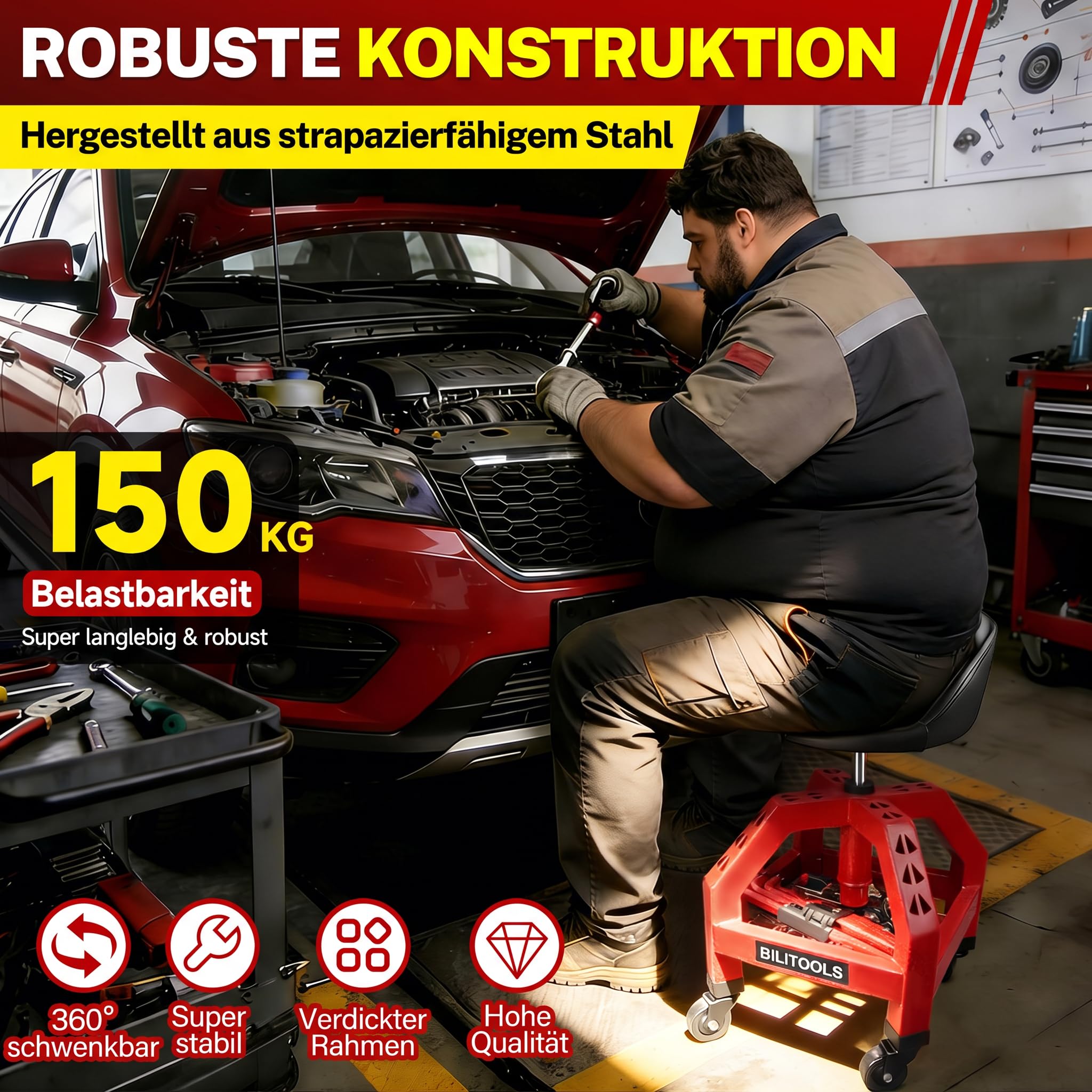 BILITOOLS Werkstatthocker mit Rollen, höhenverstellbar, 150 kg, Rückenlehne