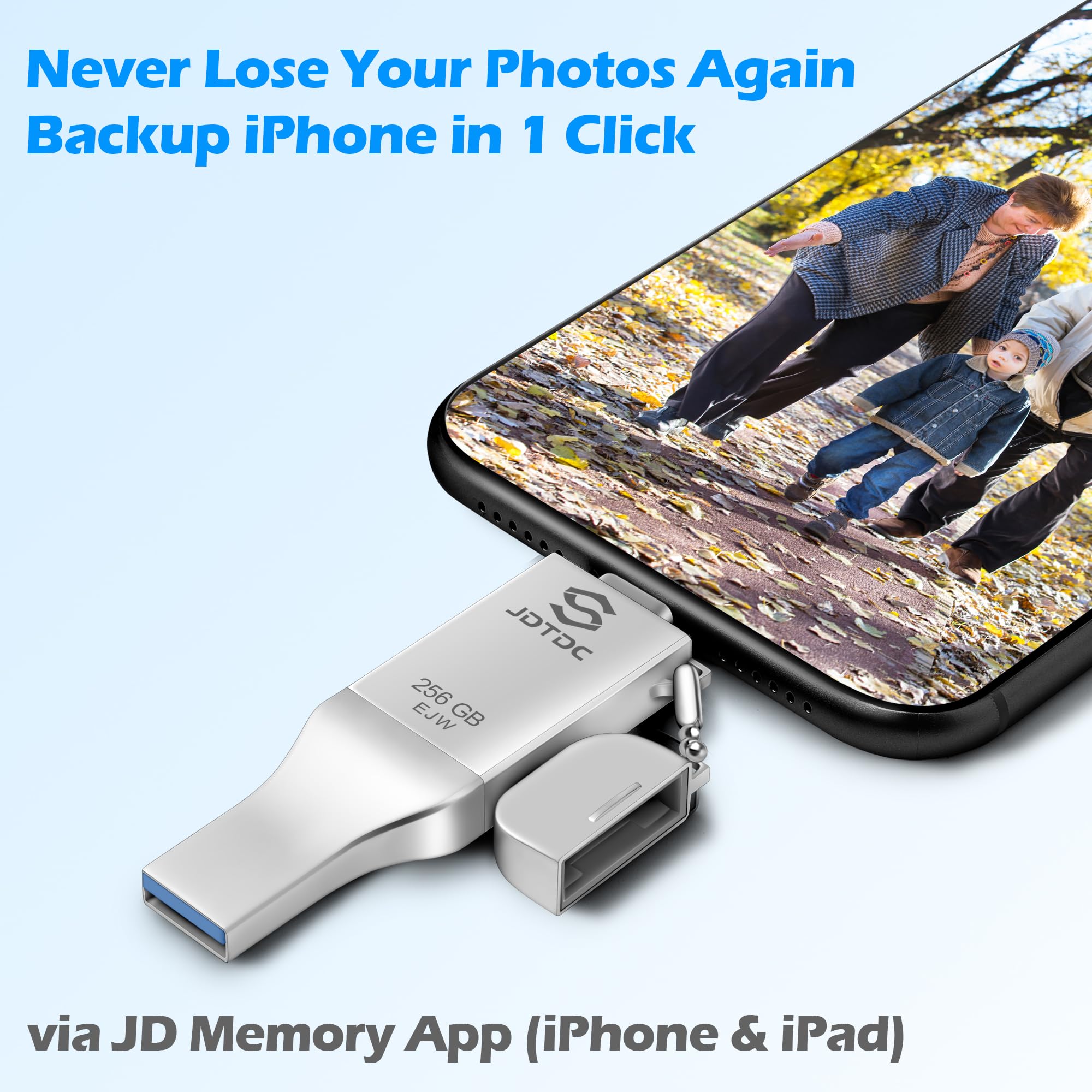 JSL JDTDC 256GB Chiavetta USB MFi per iPhone/iPad/Android/PC/Mac, Multi-interfaccia Lightning/USB-C/USB 3.0, Plug and Play, Backup e Crittografia con un Clic
