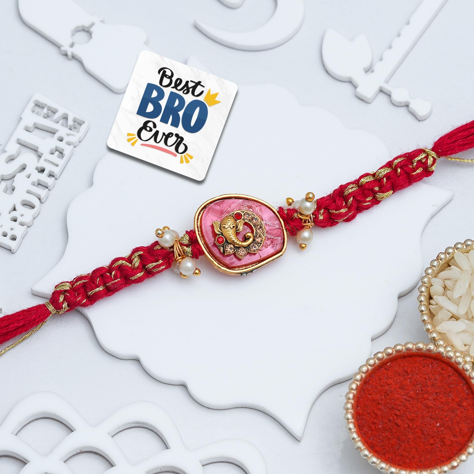 eCraftIndia Red Ganesha Rakhi for Brother Bhaiya Bhai with Best Bro Ever Fridge Magnet | Roli Chawal Pack-image-22