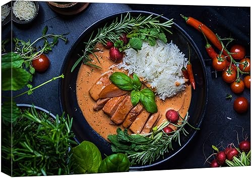 wall26 Lienzo impreso para pared, pimienta picante, tomate, arroz, curry indio, comida y cocina, fotografía, realismo, decorativo, escénico,