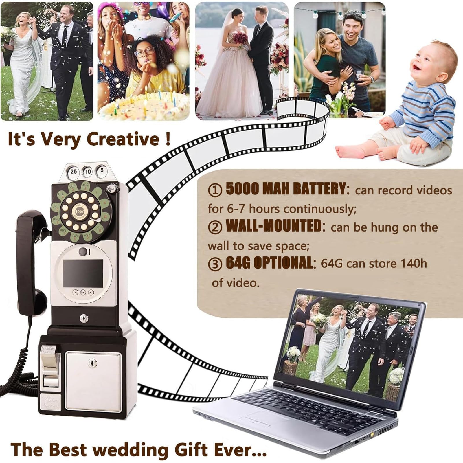 Libro de visitas de audio y video de boda, grabación de mensajes personalizados de 1080p, adorno de teléfono de ceremonia retro, memoria de 64 GB para captura de video y audio
