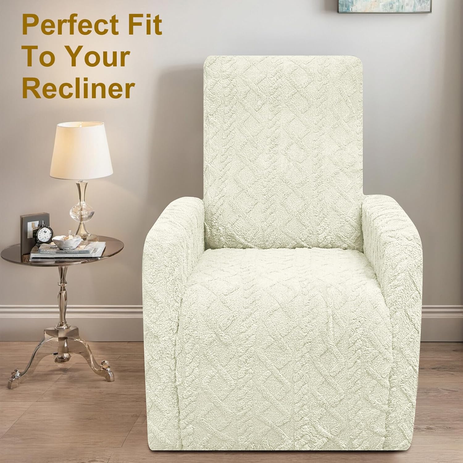 4 Pieces Small Recliner Chair Covers, Geometric Jacquard Plush Recliner Slipcovers, Couch Sofa Covers, Soft Fuzzy Fluffy Anti-Slip Furniture Protector for Cats Dogs Elastic Bottom (Beige,1 Seat)