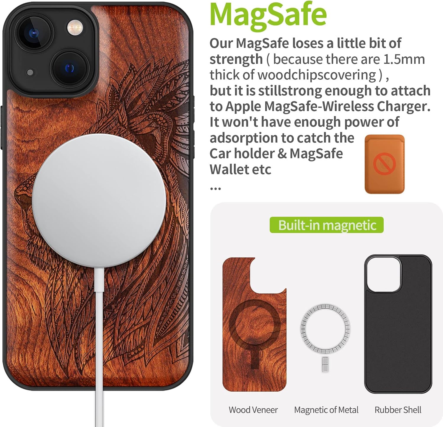 Carveit Magnetic Wood Case for iPhone 13 Case [Hard Real Wood & Black Soft TPU] Unique & Classy Wooden Shockproof Protective Cover Compatible with MagSafe (Hand Drawn of Lion -Rosy)