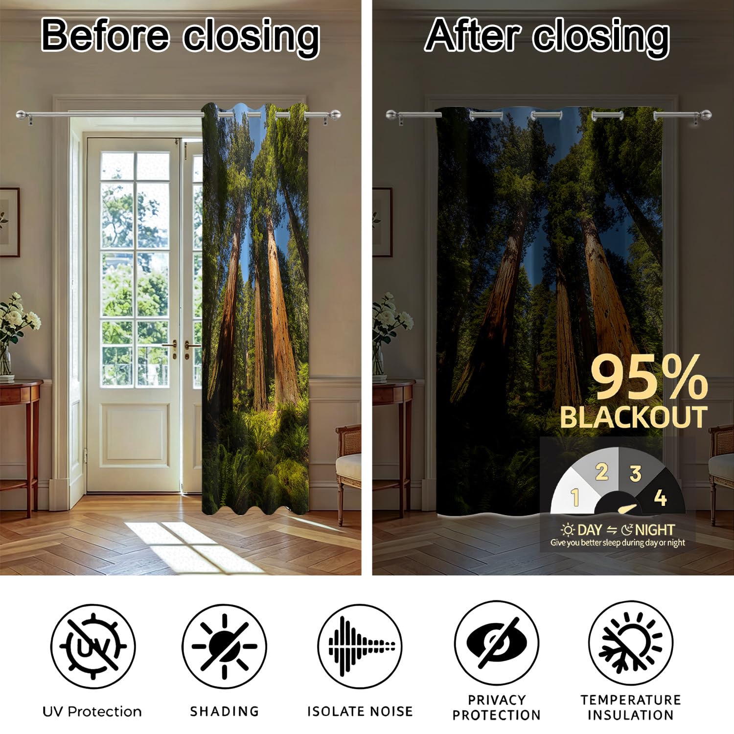 Tenda Divisoria Interna 3D Sequoia Gigante 140 x 200cm | Pannello Oscurante e Termico per Porta e Finestra Foresta Tropicale, con Occhielli per Camera, Soggiorno e Armadio