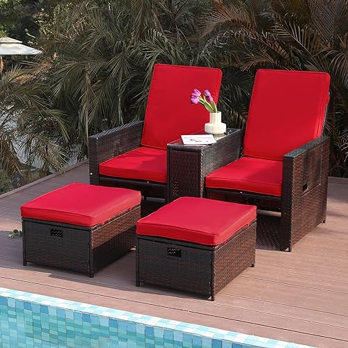 Miniatura 10 de B BAIJIAWEI - Sofá de mimbre para patio  Juego de sofá de mimbre para exteriores con cojín  Silla ajustable con reposapiés otomano, muebles de