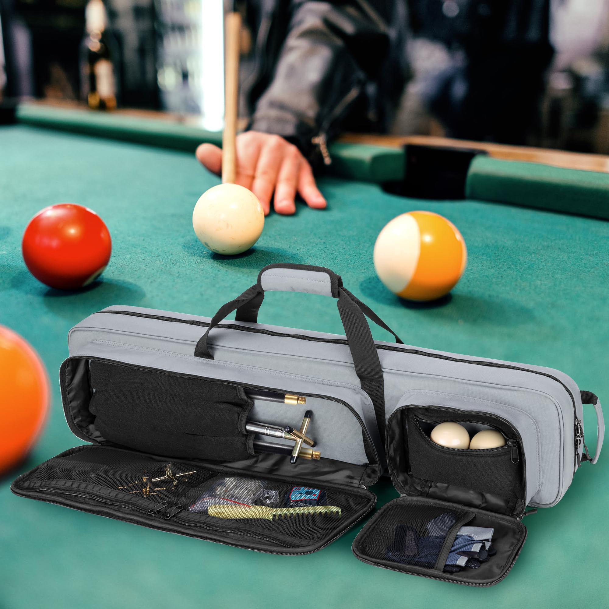 GOBUROS 4x5 Pool Queue Koffer, Billard Stick Tragetasche für 4 Kolben und 6 Schäfte, weiche Pool Stick Tasche mit großen Zubehörtaschen vorne und Schultergurt