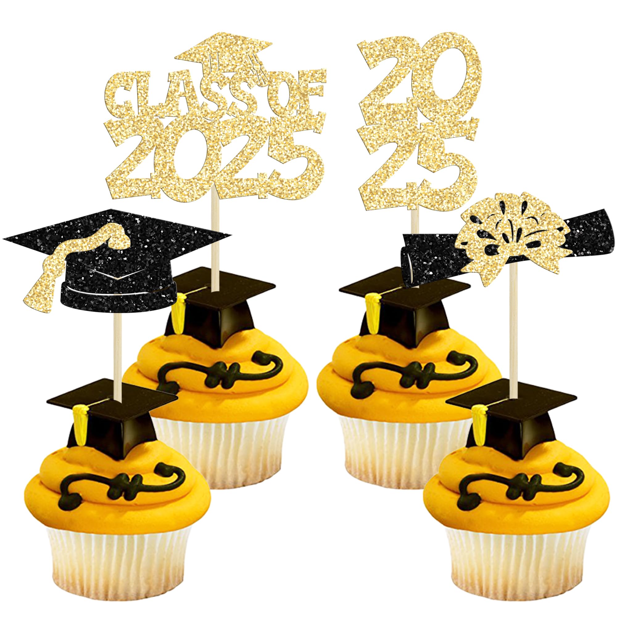 Ephlyn 36Pcs 2026 Graduation Theme Cupcake Toppers Glitter Class of 2026 Congrats Grad Diploma Graduation Cap Cupcake Picks for 2026 Graduation Theme Party Cake Decorations Supplies Gold