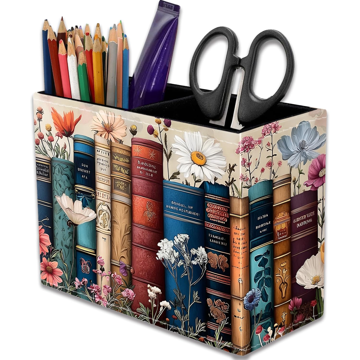 VSHSEEOM Vintage Book Pencil Holder for Desk, PU Leather Multifunctional Mobile Pen Holder Desktop Organizer Makeup Brush Holder for Classroom, Office and Home