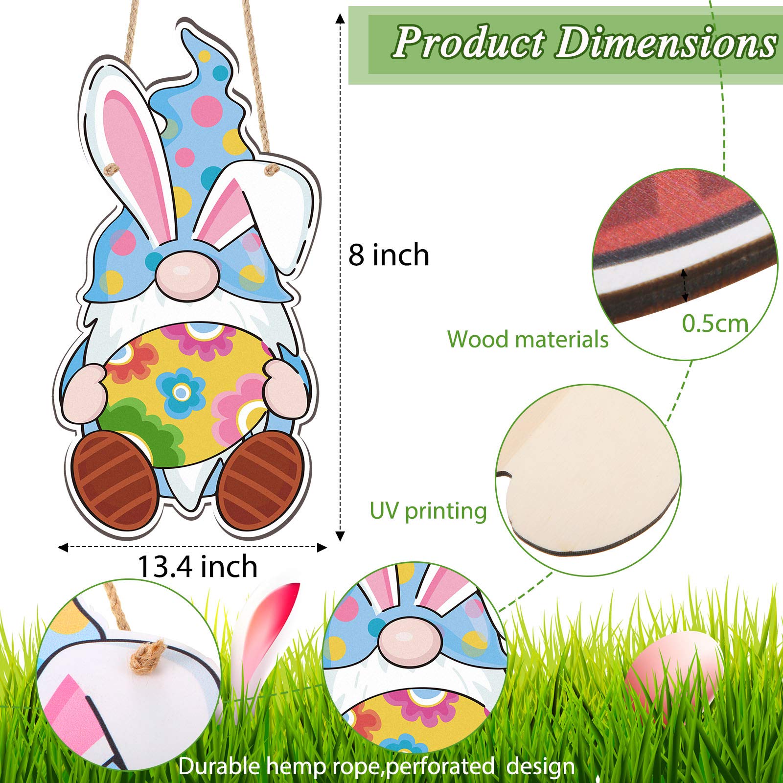 Jetec Easter Door Decor Gnome Sign with Colorful Egg Plaque Gnome Wall Hanging Sign for The Easter Day Party, 13.4 x 6.9 Inch