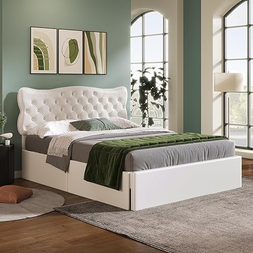 Miniatura 98 de Elegante cama con plataforma tapizada de terciopelo de tamaño Queen con cabecero, para niños, niñas y adolescentes (beige @cabecero/, Queen)