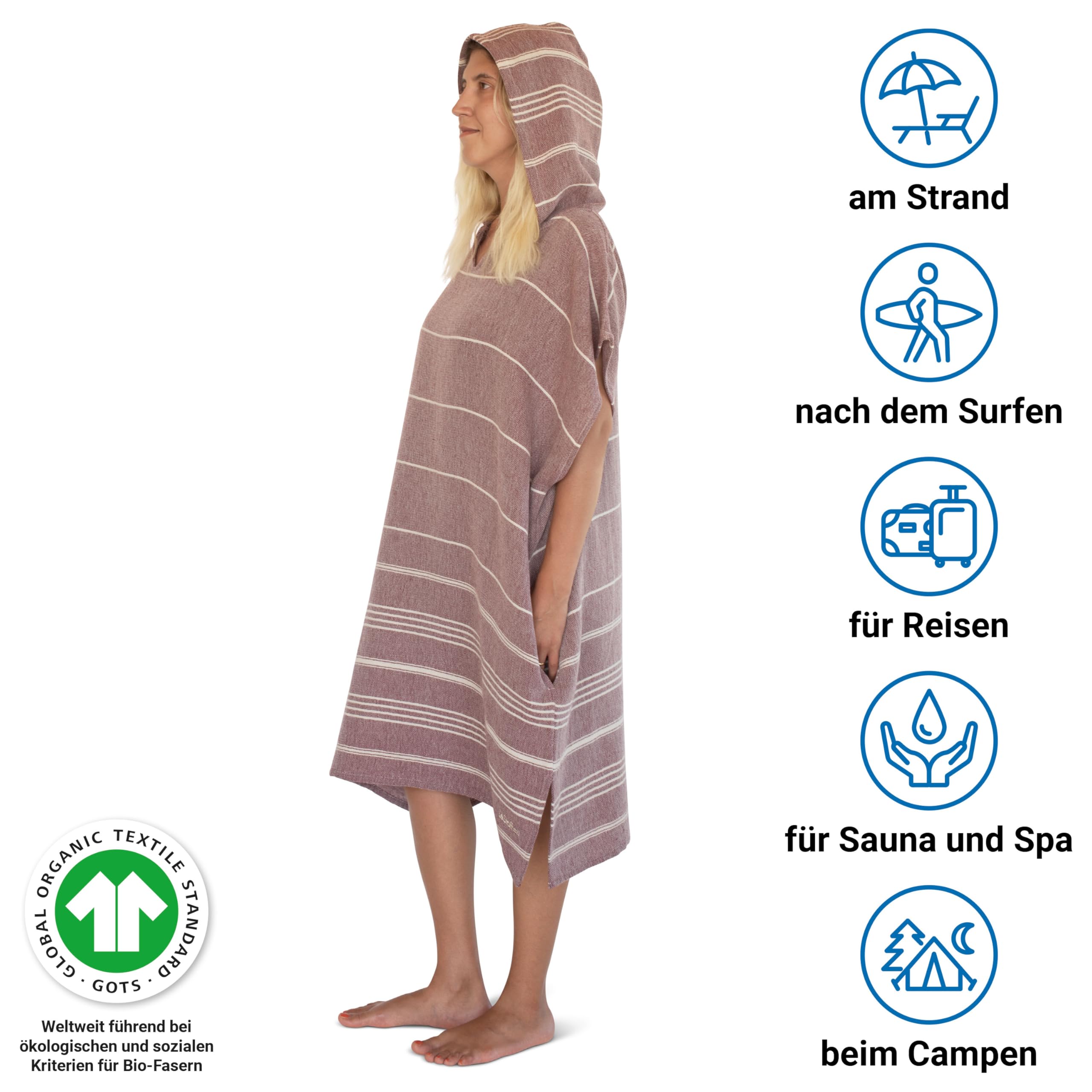 LeStoff Badeponcho - 50% Bio-Baumwolle 50% Hanf - Leicht, Saugstark, Schnelltrocknend, Bio, Strandponcho mit Kapuze, Handtuchponcho, Surf Poncho, Handtuchkleid, Duschponcho, Umziehponcho