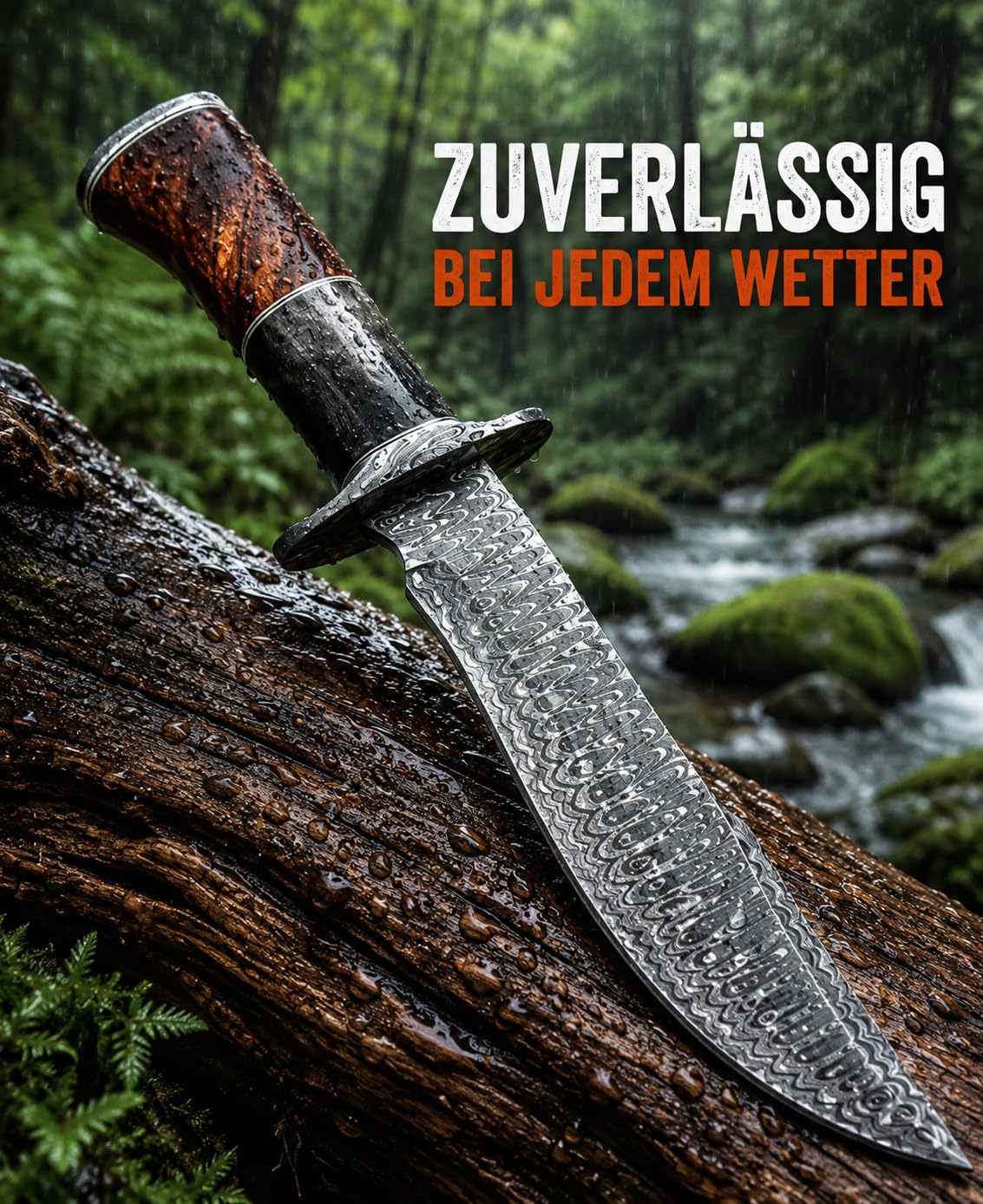 Custom Handmade hunting knife, 26 cm blade made of Real Damascus steel, rosewood handle,39 cm overall length, Real leather sheath. (Vintage-4)