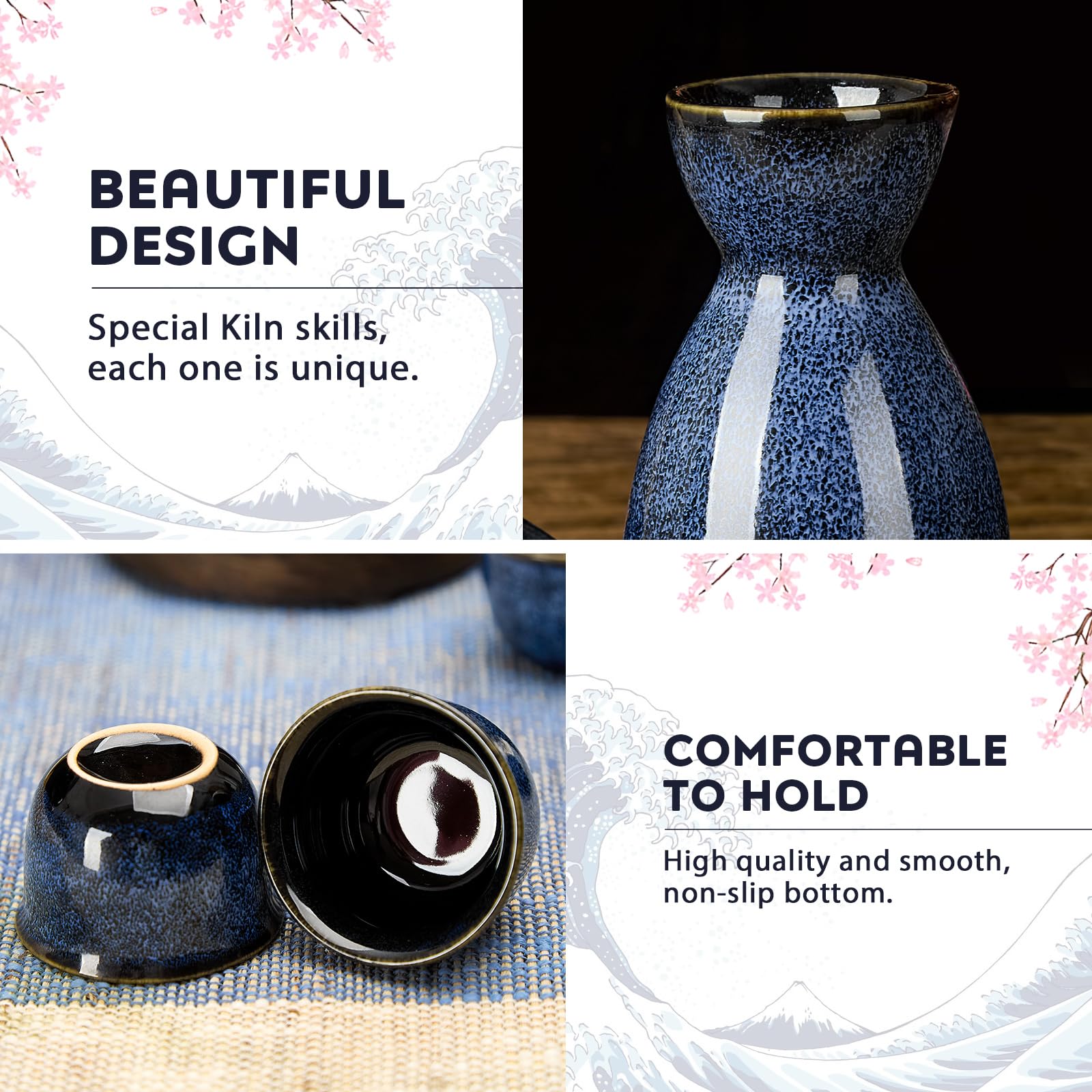 DUJUST 5-teiliges Japanisches Sake-Set, Porzellansake-Set mit feuerveränderter Glasur, 1 Flasche, 4 Tassen & 1 Geschenkkasten, warmer Karaffe, besonderes Japanisches Geschenkset - dunkelblau