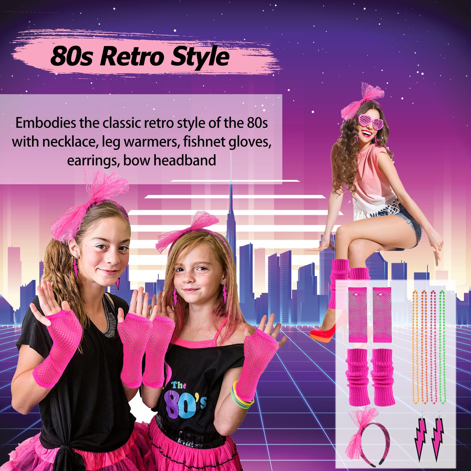 Tikplus 80s Fancy Dress for Women 13Pcs 80s Accessories for Ladies with Necklace Fishnet Gloves Leg Warmers Earrings Bow Headband - Image 3