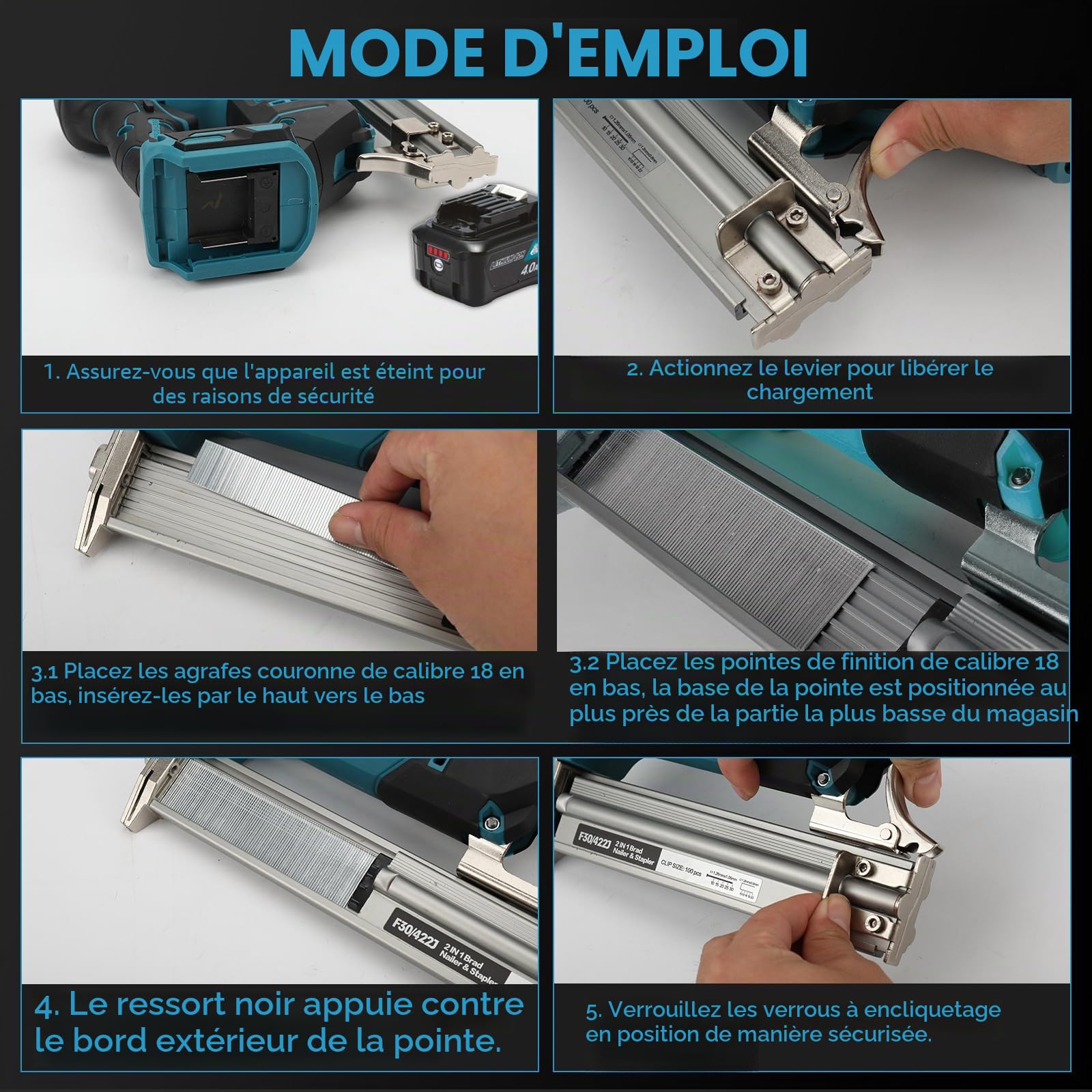 Cloueuse sans fil, pistolet à ongles sans fil, compatible avec batterie 18 V, pistolet électrique 2 en 1 avec 1000 clous droits et 1000 clous en forme de U, pour tapisserie d'ameublement