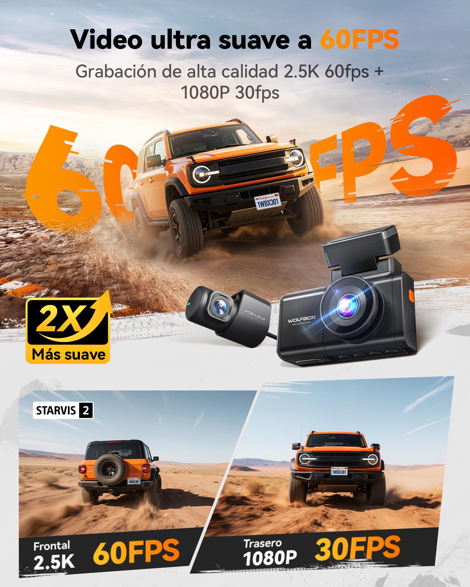 WOLFBOX Starvis 2 IMX675 X3 Cámara 5MP de salpicadero para Coche 2,5 K + 1080P, Doble cámara Trasera para Coche, WiFi y GPS Integrados de 5,8 GHz, Tarjeta de 64 GB, Pantalla táctil, Sensor G