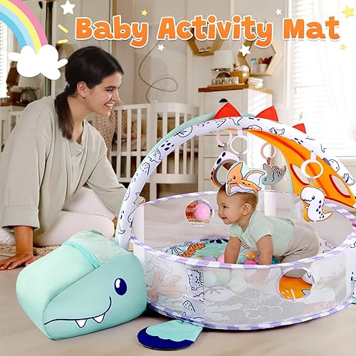 Miniatura 7 de PLAY Alfombra de juego 4 en 1 para bebés, gimnasios y tapetes de juegos de dinosaurios para bebés, tapete lavable, centro de actividades para bebés