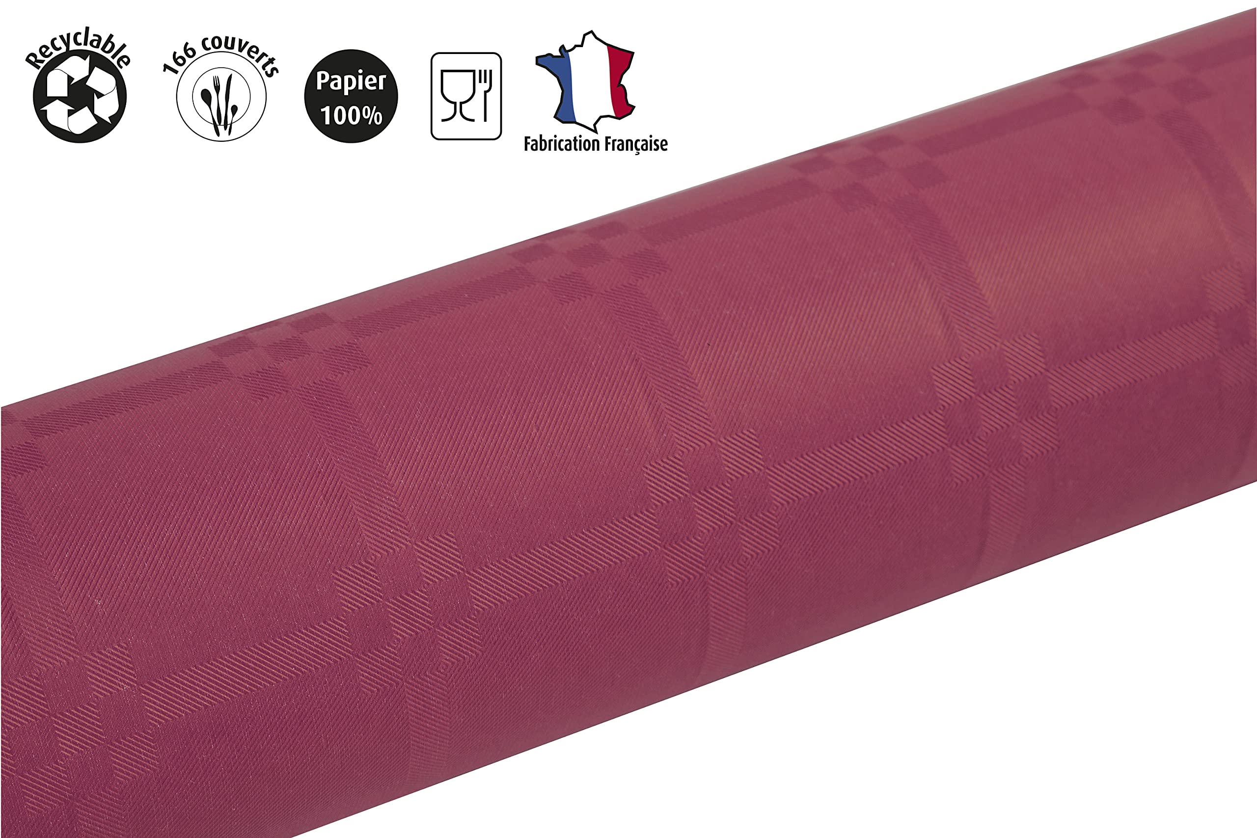Pro Nappe - Ref R485022I - Mantel de Papel Damasco desechable en Rollo 50 M Largo X 1,20 M Ancho - Color Burdeos - Papel Damasco con Estampado Universal Chic y clásico