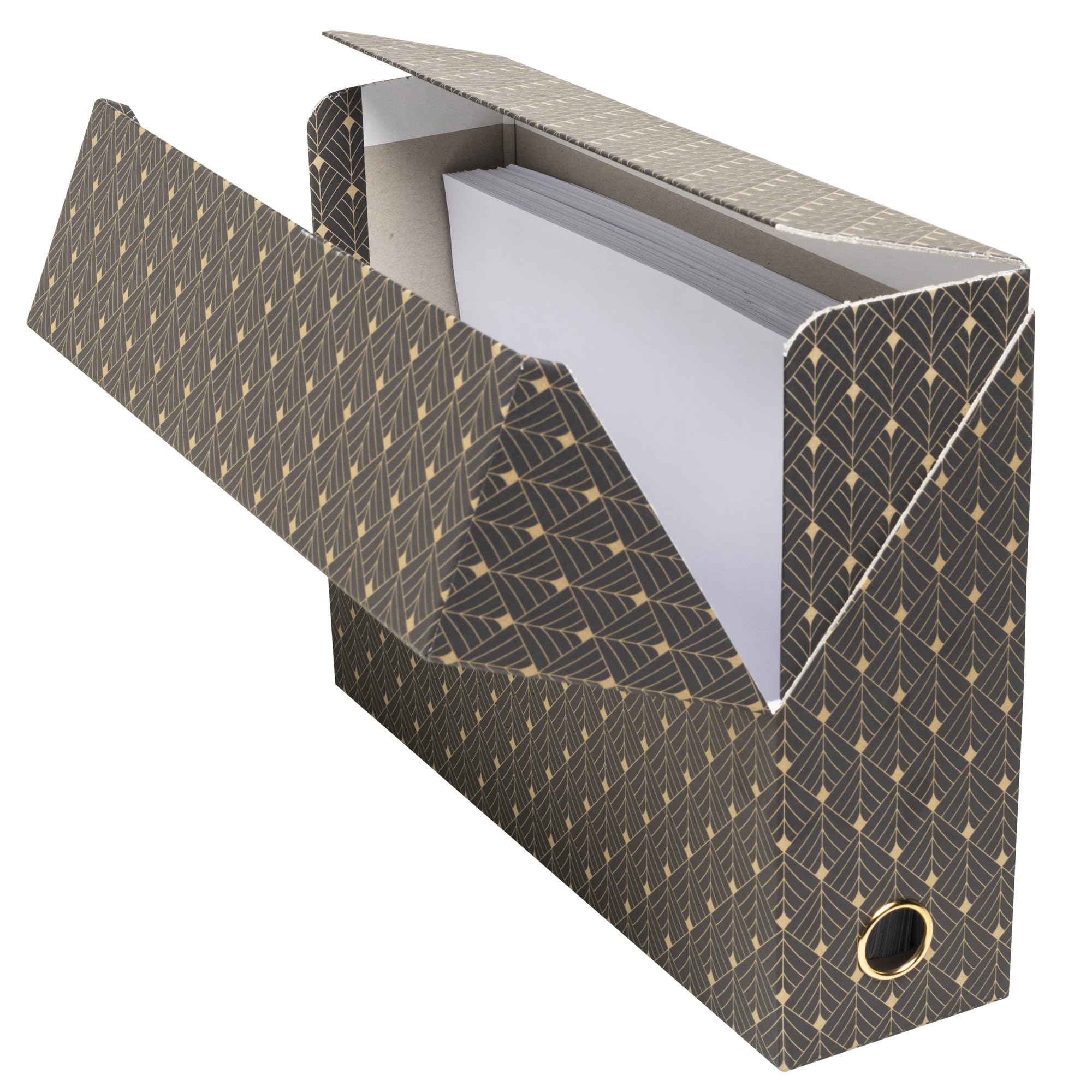 Exacompta - Rif. 89450E - 1 scatola di trasferimento Neo Déco, dorso 90 mm, occhiello di presa in oro, dimensioni 25,5 x 9 x 34 cm, etichetta adesiva inclusa, colori casuali, consegnata montata