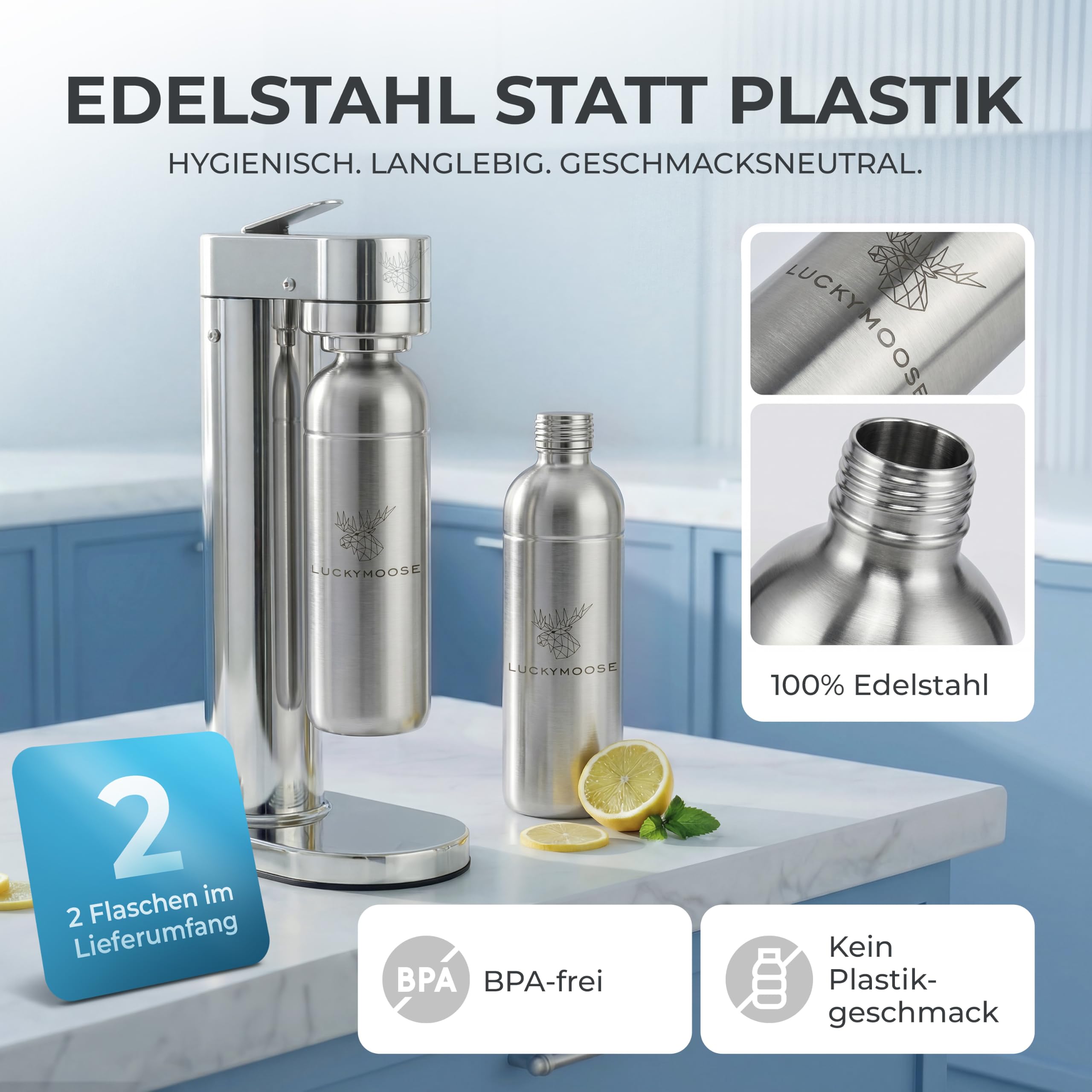 Luckymoose Infinity-S Wassersprudler aus hochwertigem Edelstahl (Silver/Silver) – inkl. 2x 1,25L Edelstahlflaschen – extra hygienische herausnehmbare Düse – Langlebige CO₂ Sprudelwasser Maschine
