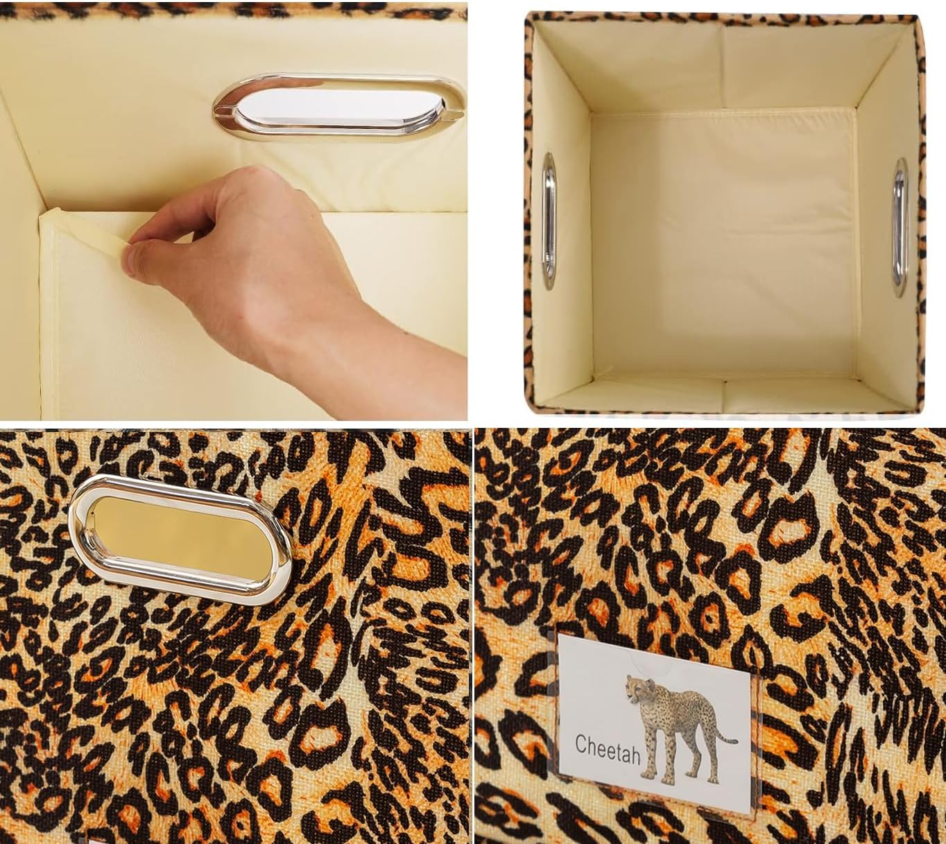 Foldable Animal Leopard [Set of 4] Cube Storage Bins, Collapsible Fabric Organizer Container Boxes w/ Handles – 11 x 11 x 11 Inches
