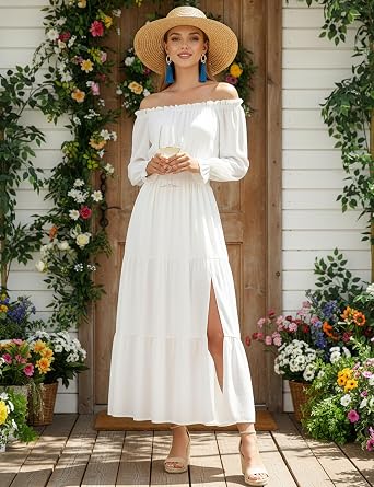 Women's Off Shoulder Boho Dress Long Sleeve High Waist Side Split Flowy Sexy Maxi Dress Wedding Cocktail Casual Dress